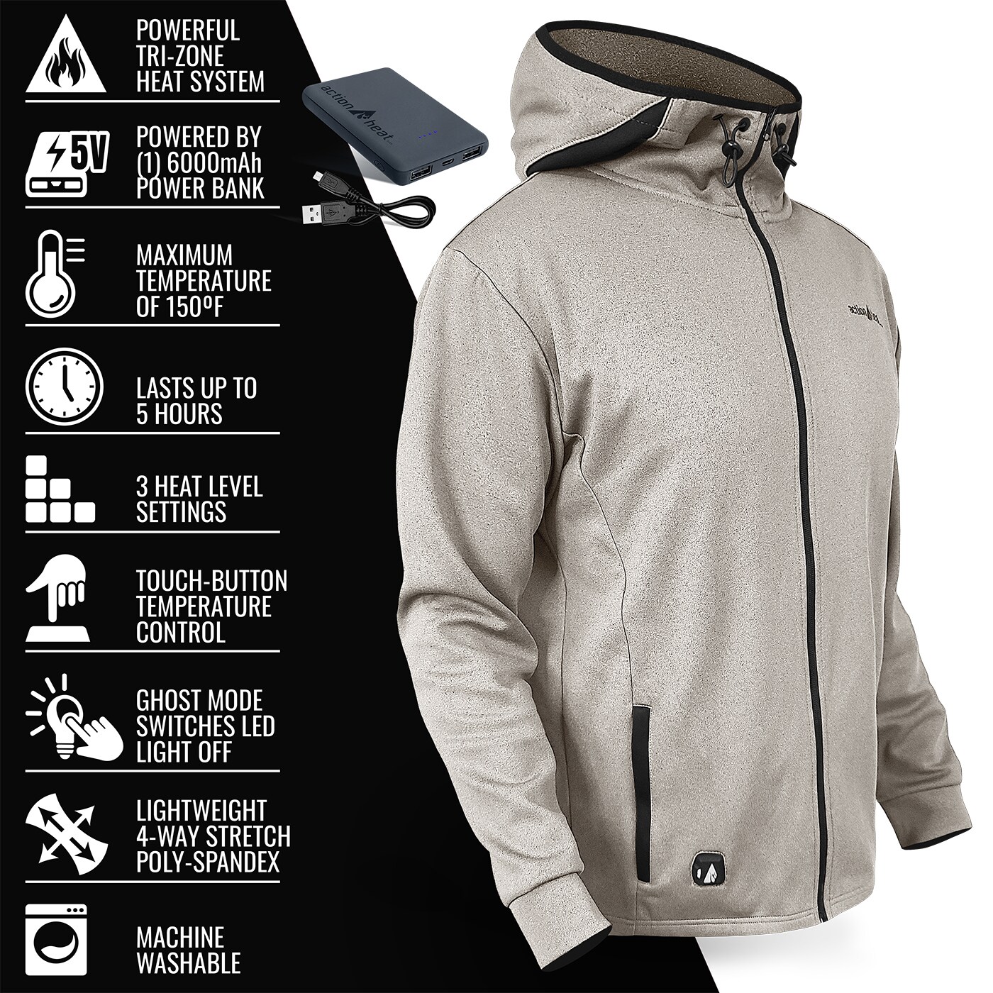 Chamarra térmica con capucha ActionHeat Men's Antarctica White de peso ligero (2XL) con batería incluida AH-SHDY-5V-M-W-XXL