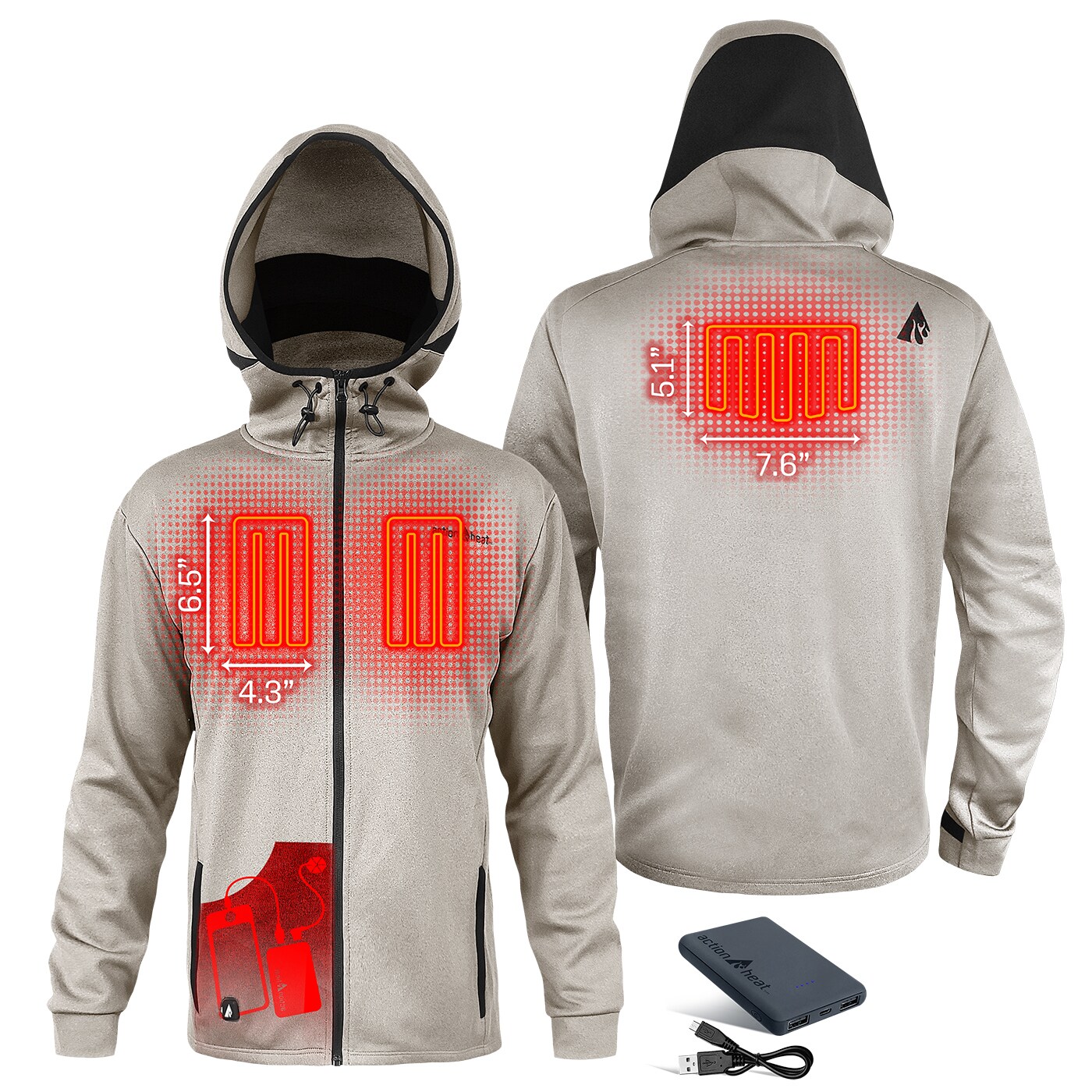 Chamarra térmica con capucha ActionHeat Men's Antarctica White de peso ligero (2XL) con batería incluida AH-SHDY-5V-M-W-XXL