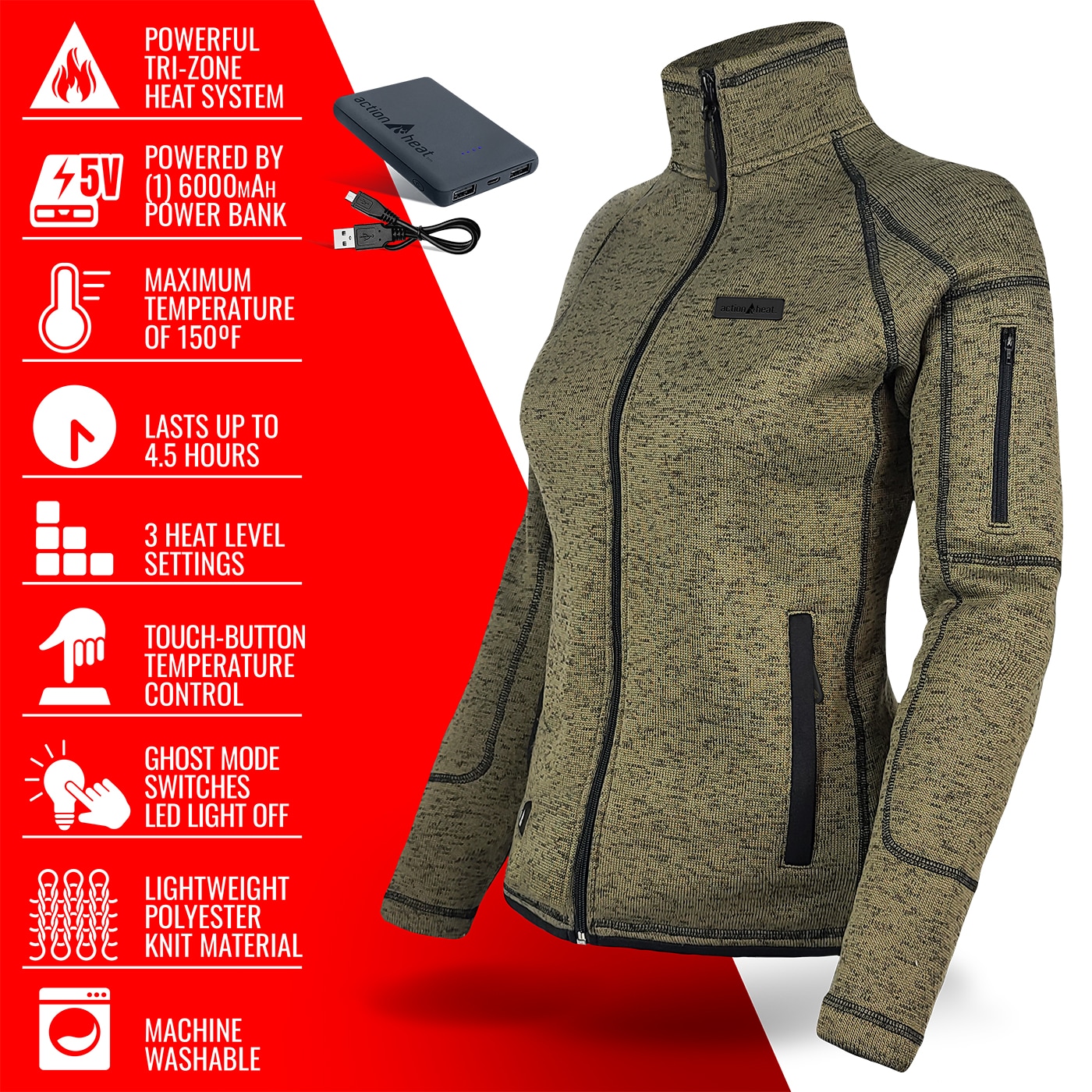Chamarra térmica con capucha ActionHeat para mujer en verde olivo de peso medio (talla extra grande) con batería incluida AH-SJKT-5V-W-GN-XL