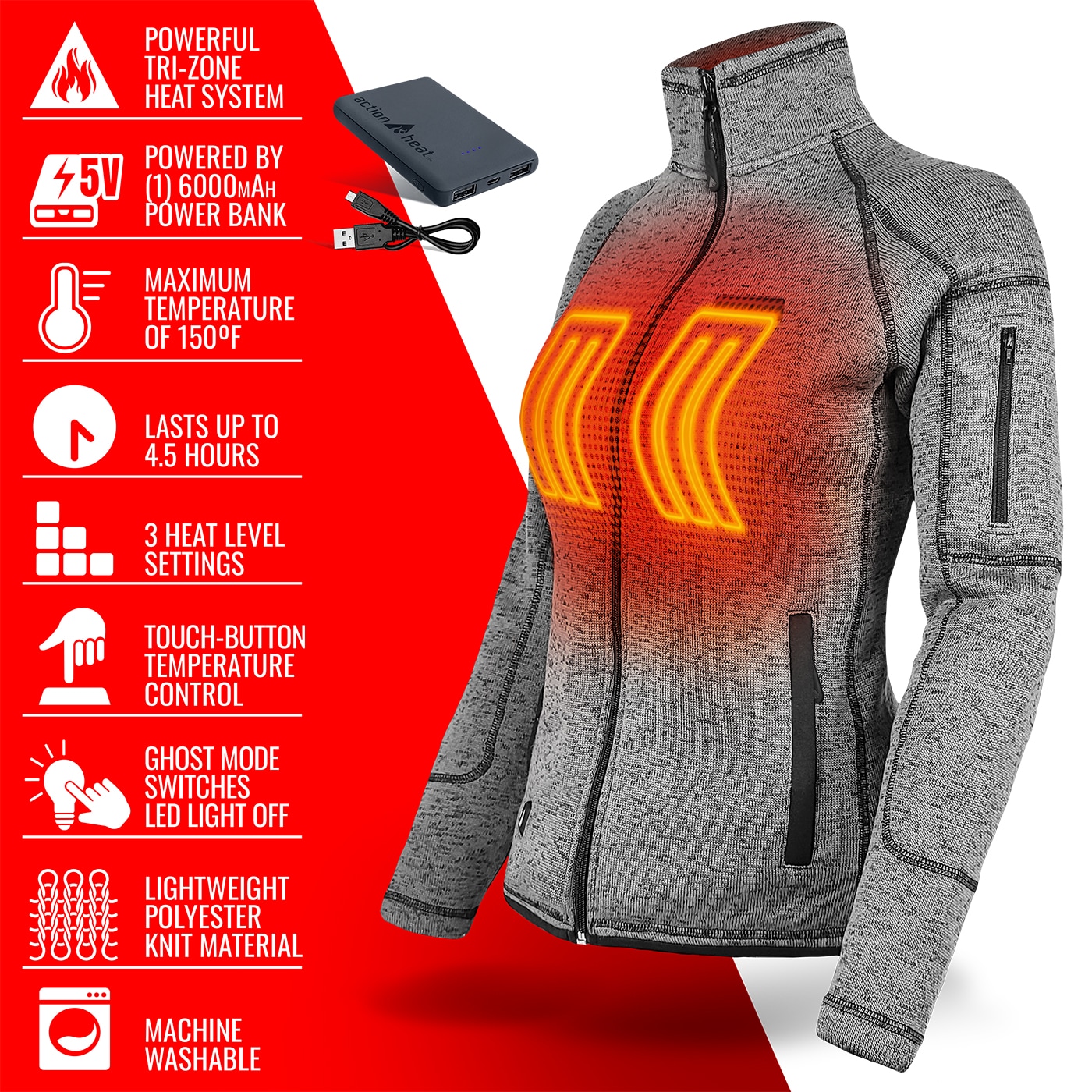 Chamarra Térmica Ligera para Mujer ActionHeat en Gris Claro (Talla Extra Grande) con Batería Incluida AH-SJKT-5V-W-LG-XL