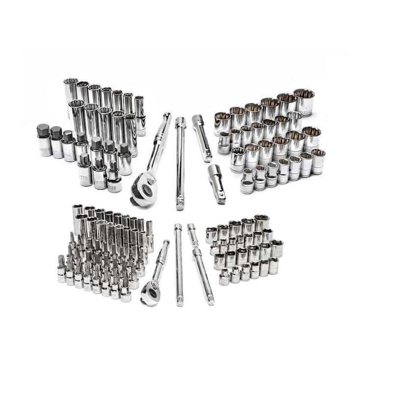 Juego de herramientas para mecánicos Husky de 3/8 pulg. y 1/2 pulg. con puntas SAE/Métricas, de medidas superficiales y profundas (122 piezas) - H122MTS32CB