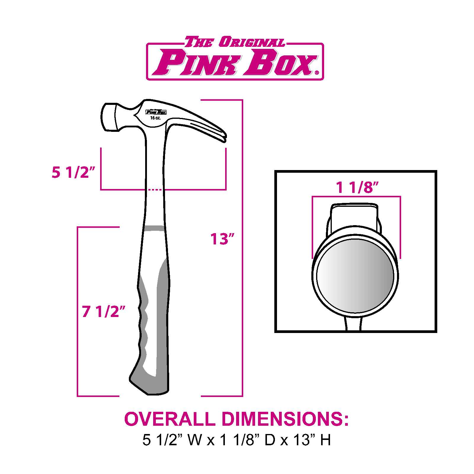 Martillo de garra con cabeza de acero lisa de 16 oz de The Original Pink Box con mango de acero PB16SHM