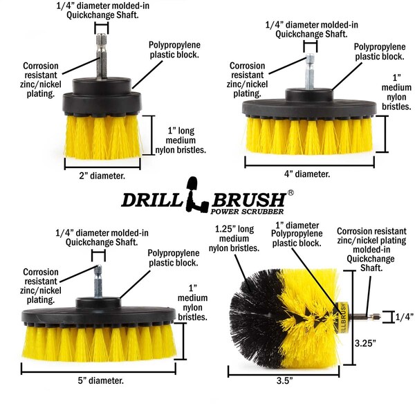 Cepillo de taladro Power Scrubber de Useful Products 5 pulgadas de ancho y 5 pulgadas de largo, color amarillo - Y-S-542CO-QC-DB