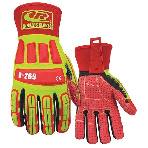 Guantes de impacto resistentes al corte de alta visibilidad de la marca Ringers, nivel de corte A3, color verde limón, talla 3XL - 269-13.
