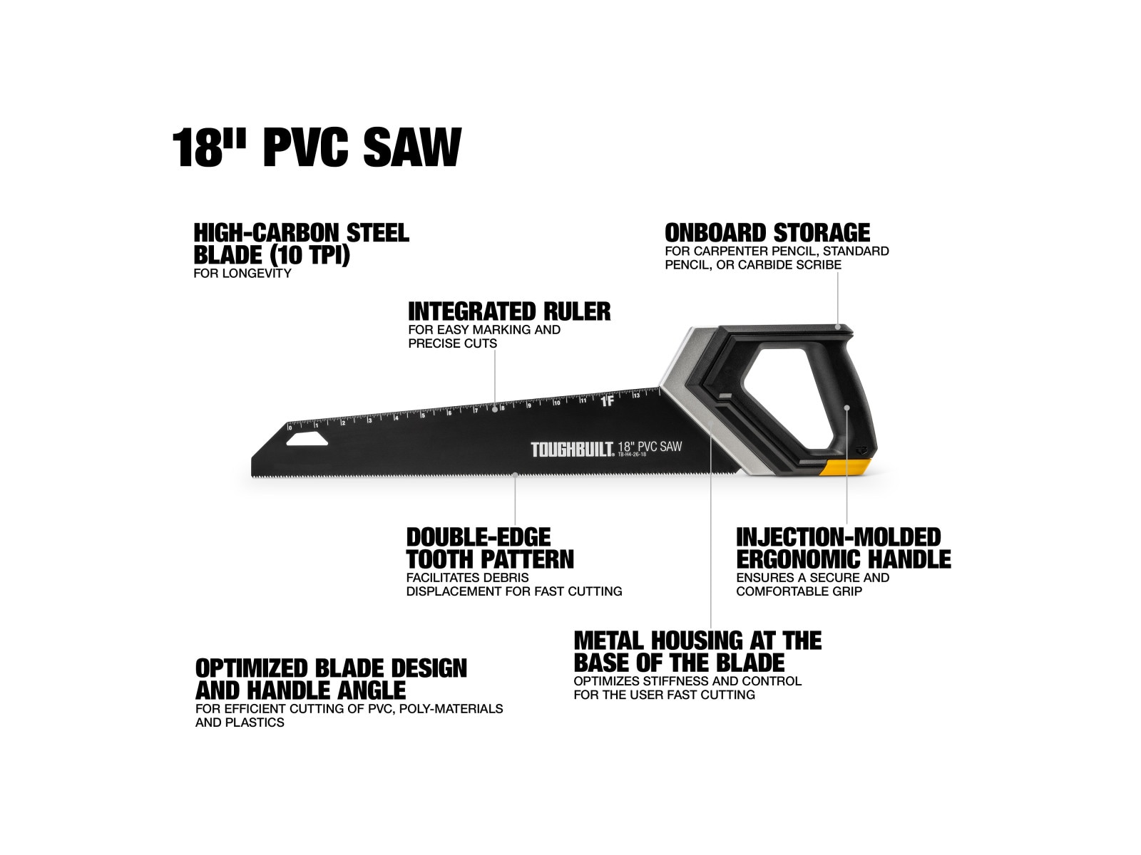 Sierra de mano TOUGHBUILT Pvc de corte fino de 18 pulgadas TB-H4-26-18
