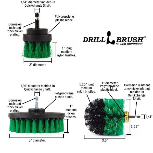 Cepillo de Taladro Power Scrubber de Useful Products 5 en W 5 en L, Verde - G-S-52O-QC-DB