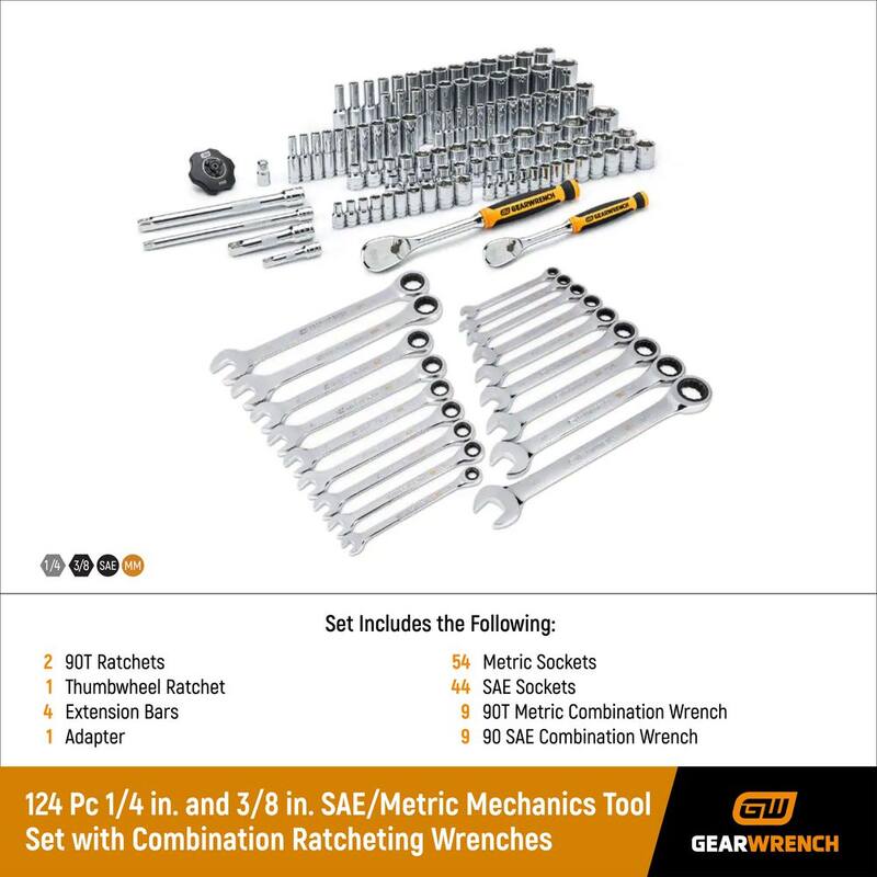 Juego de herramientas para mecánicos GEARWRENCH de 1/4 y 3/8 pulgadas en estándar/métrico con llaves combinadas de trinquete (124 piezas) - 83001698COMBO