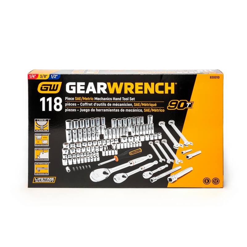 Juego de herramientas para mecánicos GEARWRENCH de 1/4 y 3/8 pulgadas en estándar/métrico con llaves combinadas de trinquete (124 piezas) - 83001698COMBO