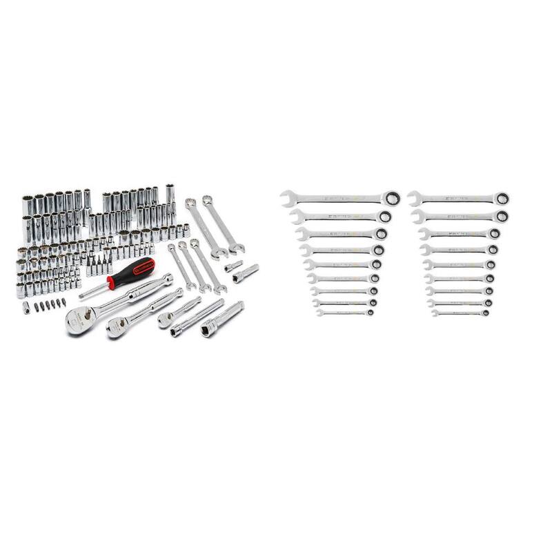 Juego de herramientas para mecánicos GEARWRENCH de 1/4 y 3/8 pulgadas en estándar/métrico con llaves combinadas de trinquete (124 piezas) - 83001698COMBO