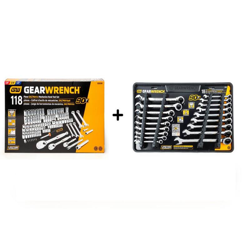 Juego de herramientas para mecánicos GEARWRENCH de 1/4 y 3/8 pulgadas en estándar/métrico con llaves combinadas de trinquete (124 piezas) - 83001698COMBO