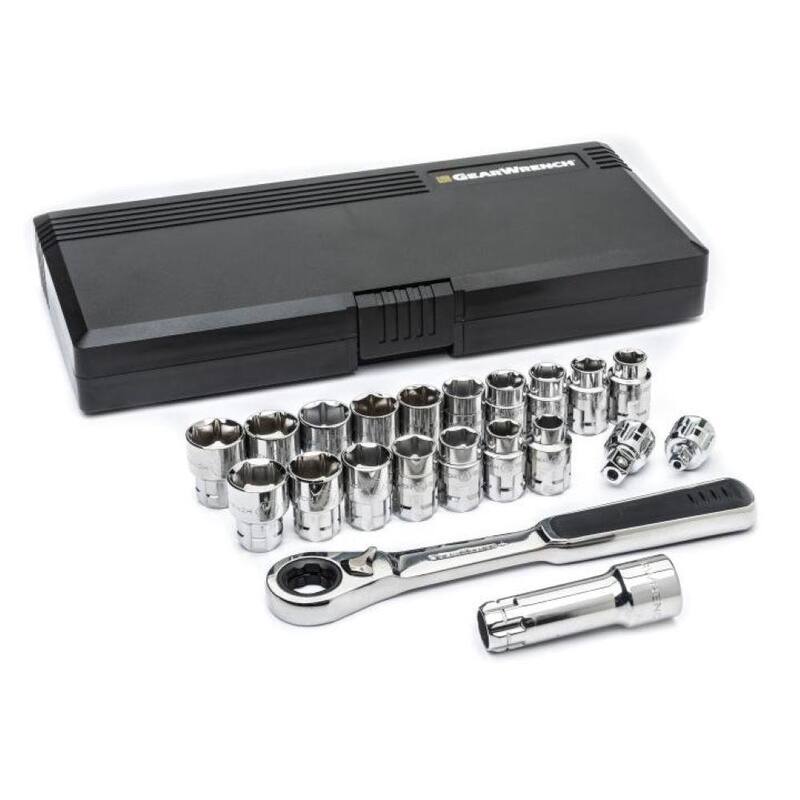 Juego de herramientas mecánicas GEARWRENCH Pass-Thru de 3/8 pulgadas de 6 puntos SAE/métrico GearRatchet y Socket (21 piezas) - 8921