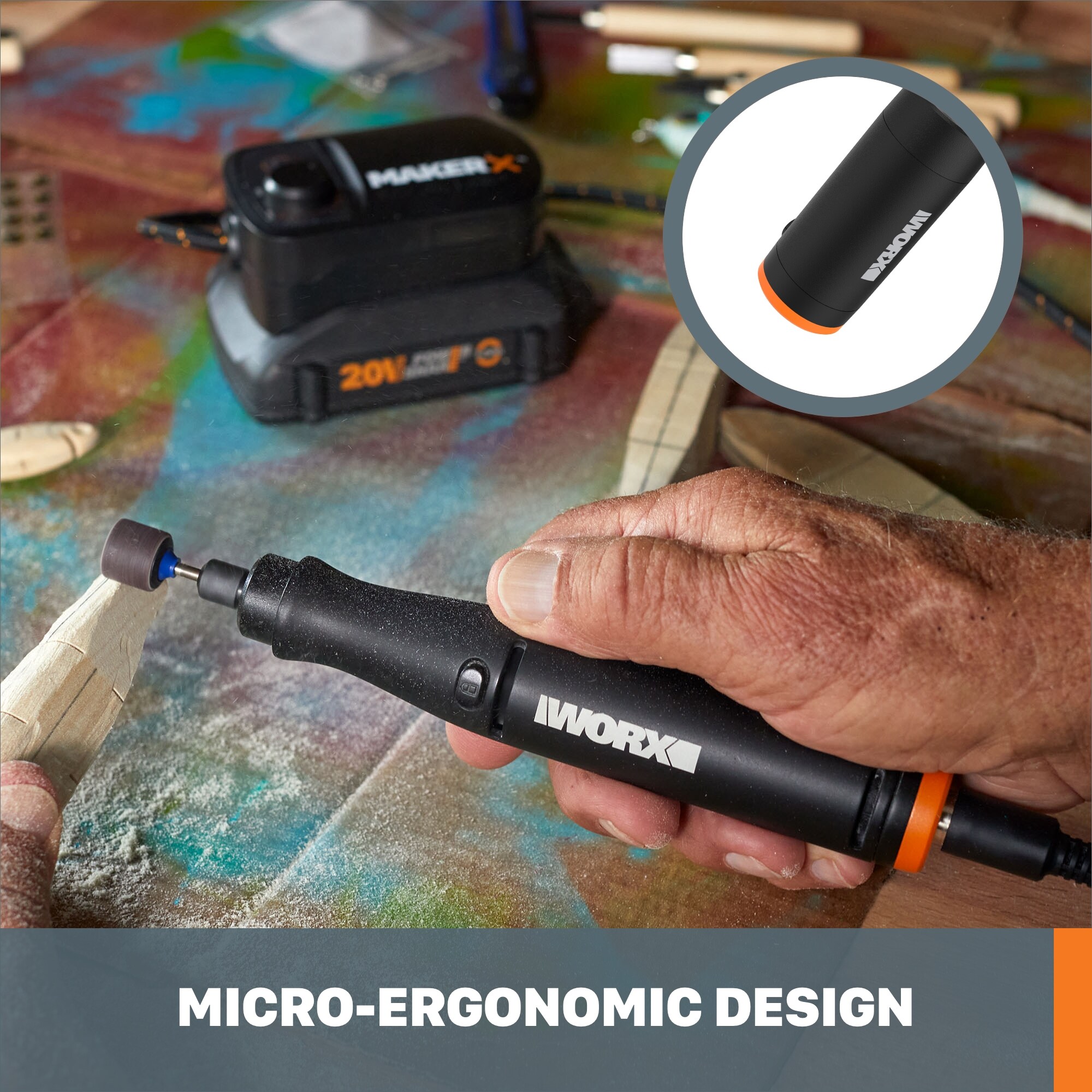 Kit de Herramienta Rotativa Inalámbrica WORX MakerX de velocidad variable de 20 voltios max (Incluye batería y cargador) modelo WX997L.