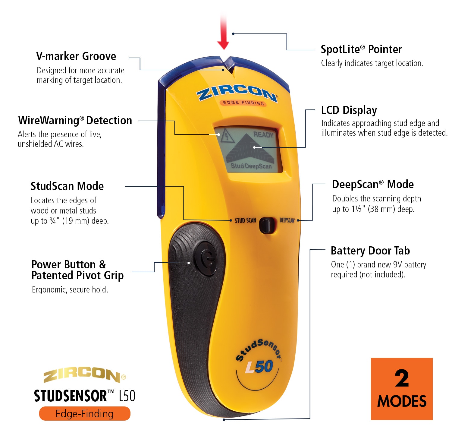 Buscador de montantes Zircon StudSensor L50 con alerta de cable WireWarning, profundidad de escaneo de 1.5 pulgadas, localizador de montantes de metal y madera SS E50