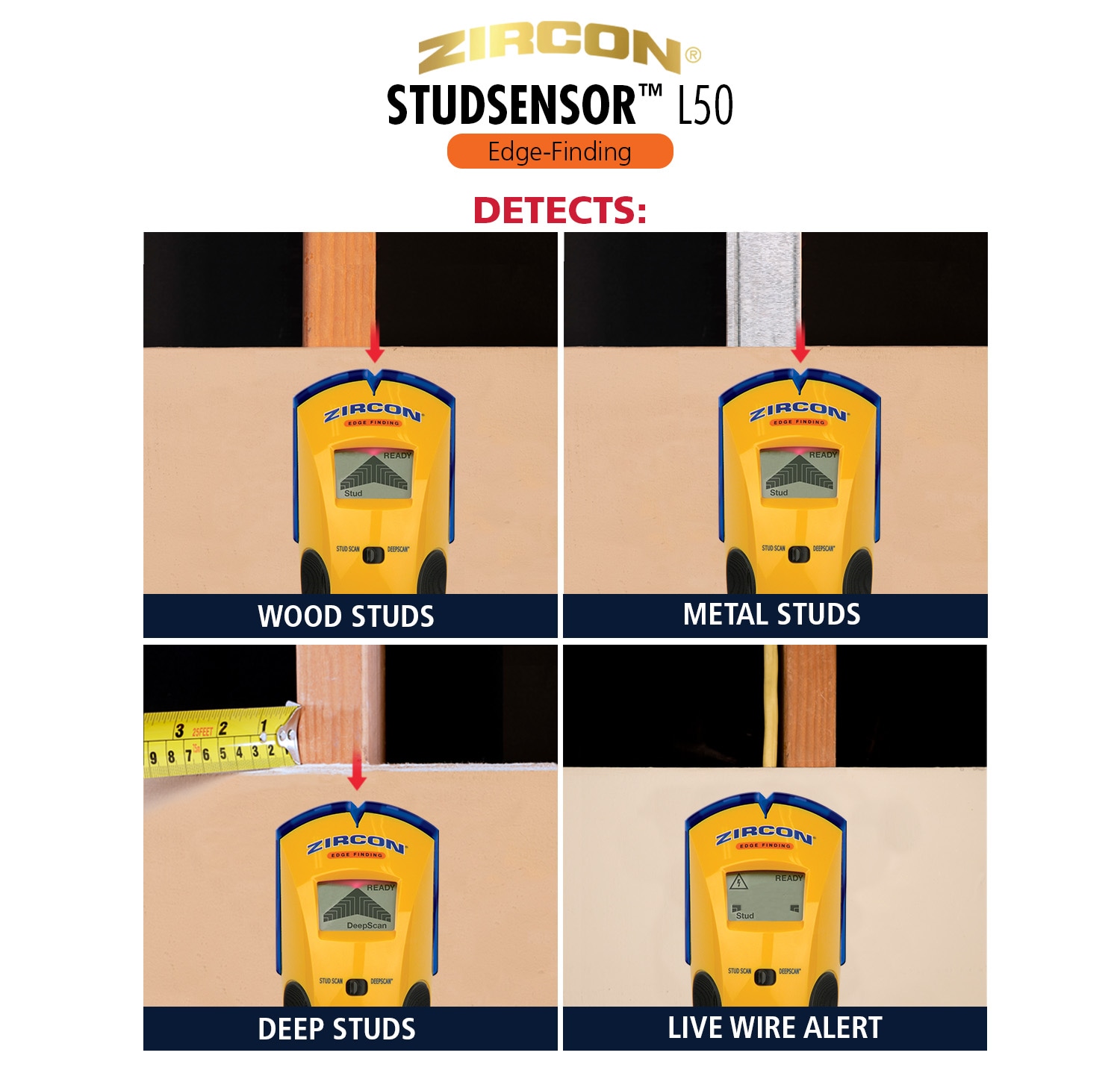 Buscador de montantes Zircon StudSensor L50 con alerta de cable WireWarning, profundidad de escaneo de 1.5 pulgadas, localizador de montantes de metal y madera SS E50
