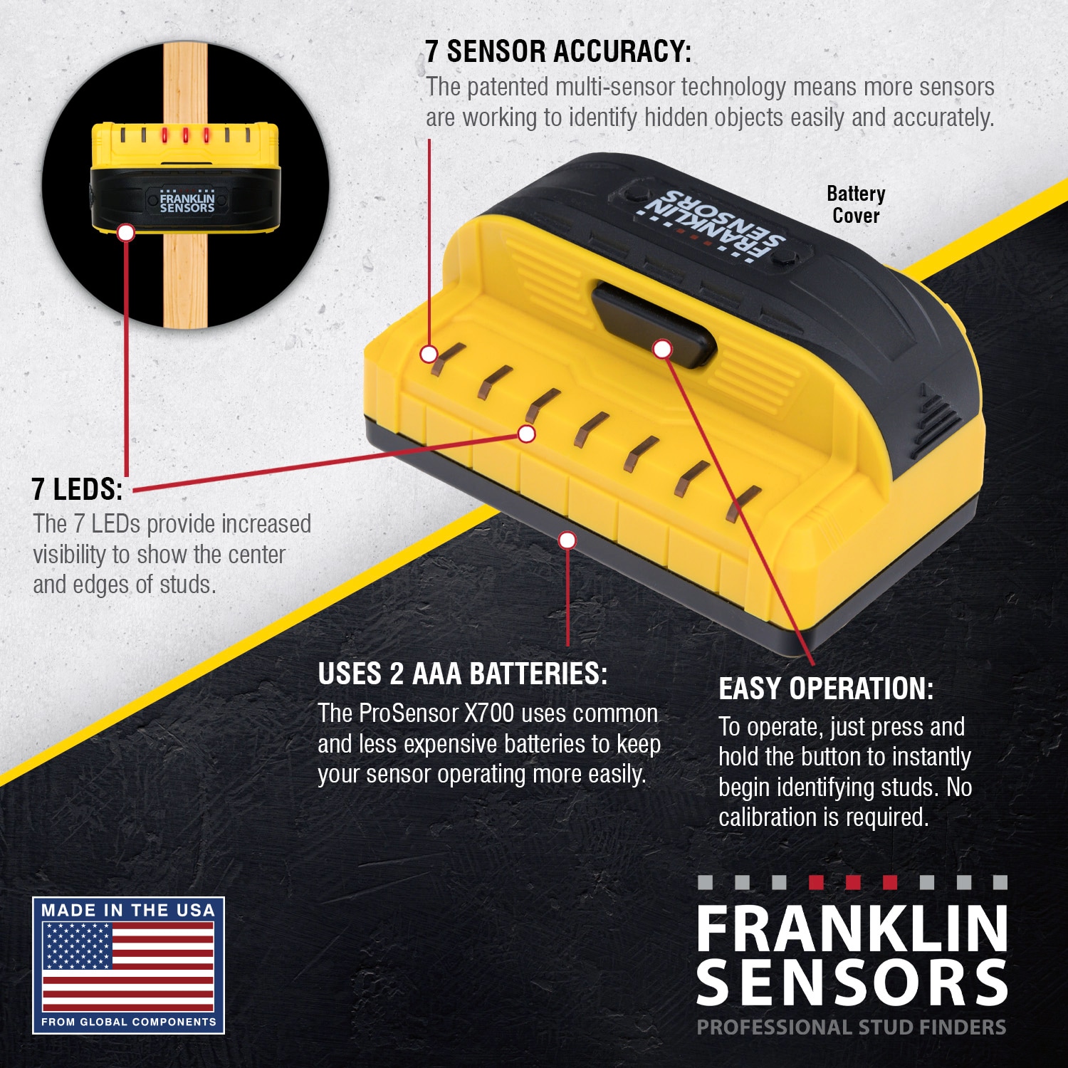 Localizador de montantes de metal y madera Franklin Sensors X700 con escaneo de 1 pulgada de profundidad FSX70012