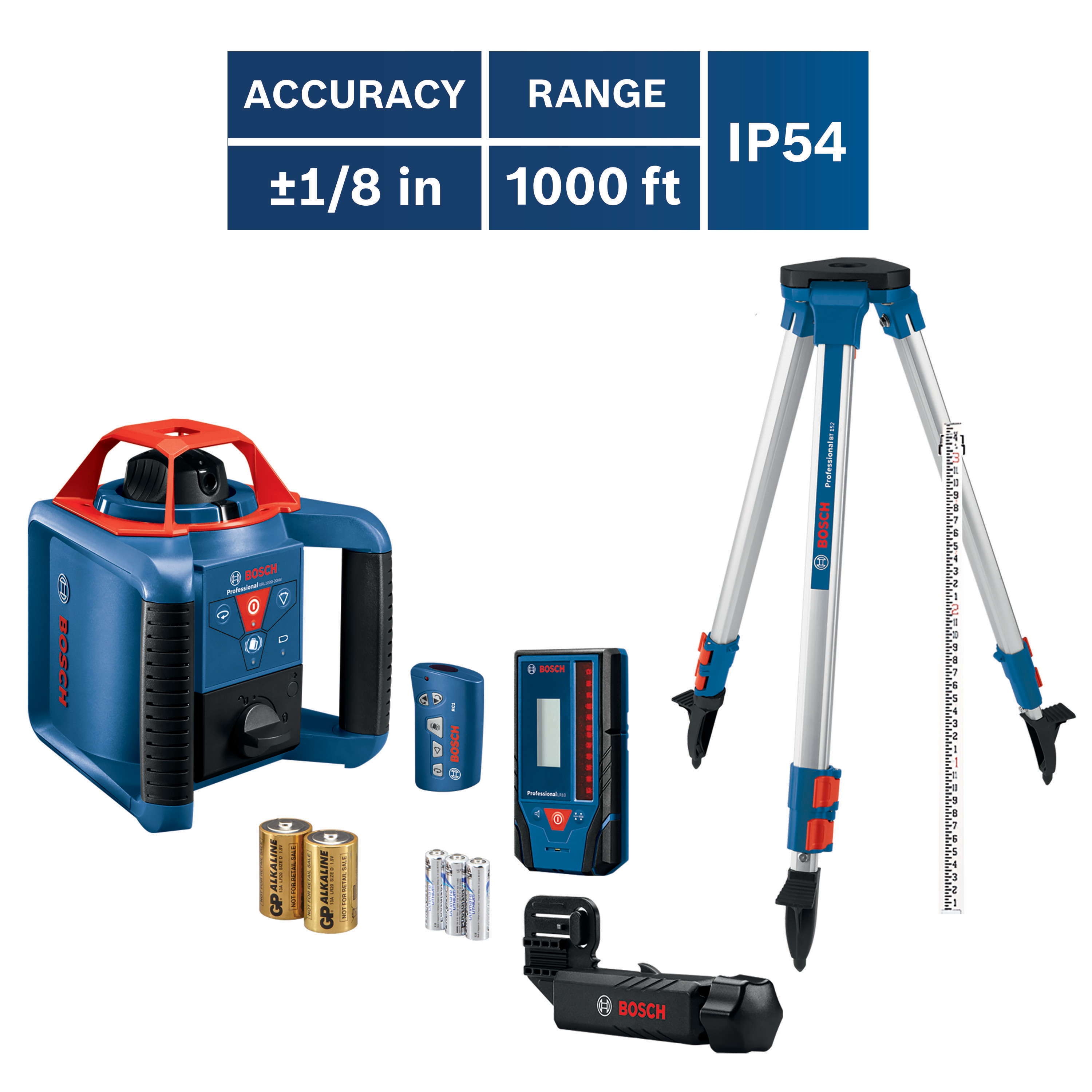 Kit de Nivel Láser Giratorio Autonivelante Bosch 360 grados GRL1000-20HVK con Alcance de 1000 pies en Rojo