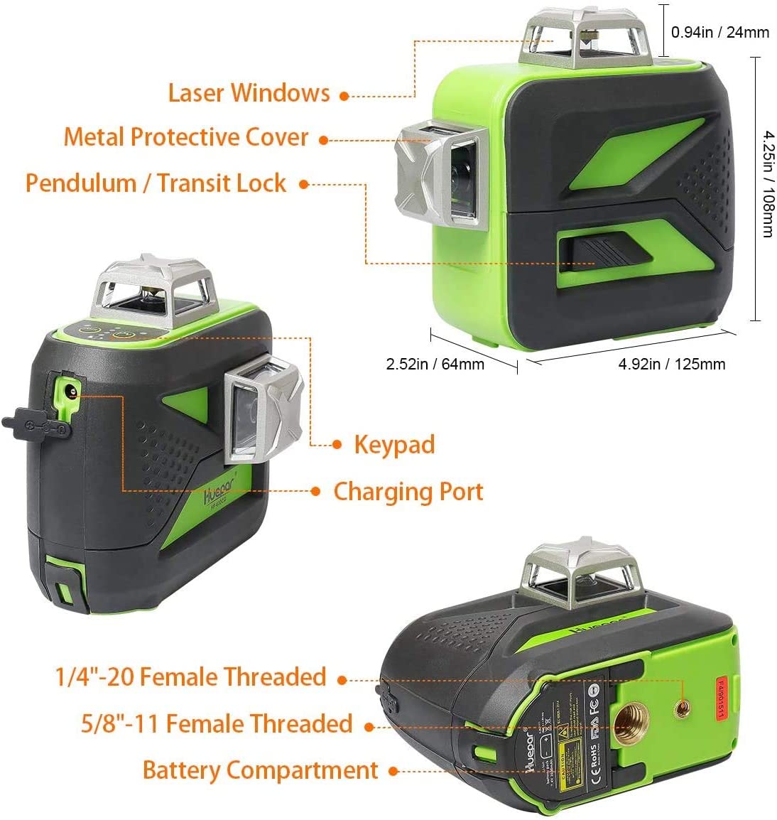 Nivel láser de líneas cruzadas auto-nivelante de 360 grados verde de 200 pies Huepar 603BT-H