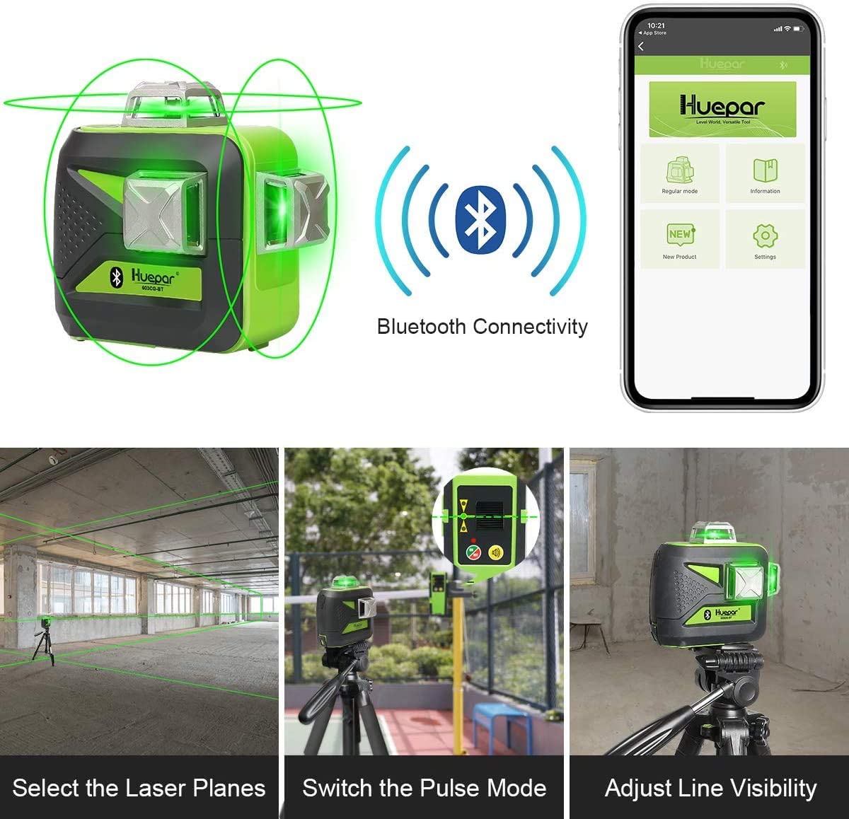 Nivel láser de líneas cruzadas auto-nivelante de 360 grados verde de 200 pies Huepar 603BT-H