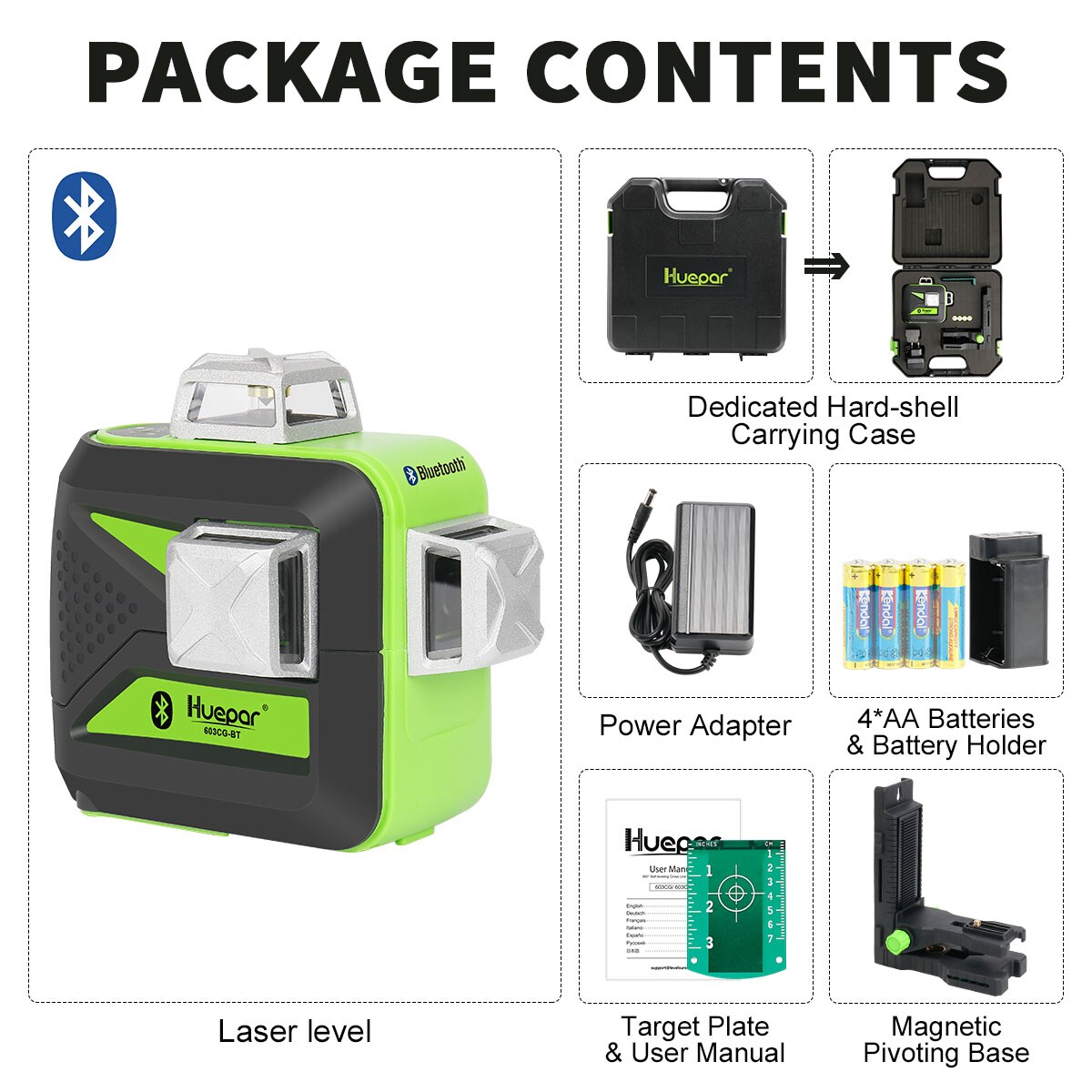 Nivel láser de líneas cruzadas auto-nivelante de 360 grados verde de 200 pies Huepar 603BT-H
