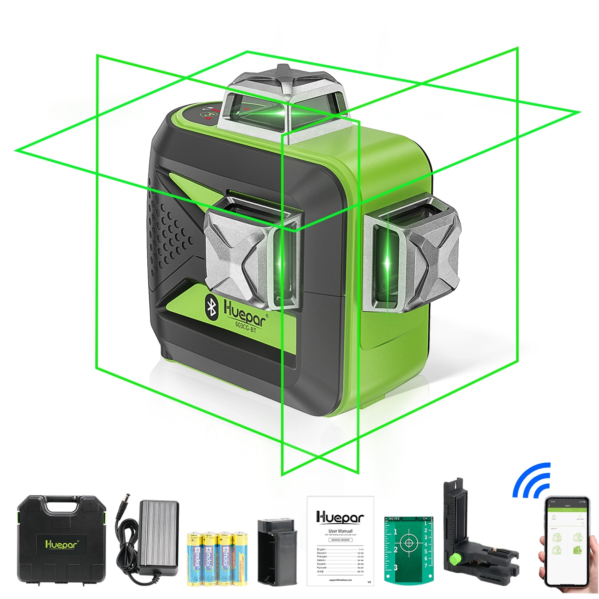 Nivel láser de líneas cruzadas auto-nivelante de 360 grados verde de 200 pies Huepar 603BT-H