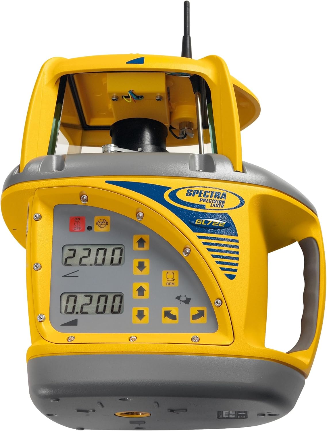 Nivelador láser de doble grado Spectra Precision GL722 con receptor CR600, control remoto de radio de largo alcance RC703, baterías recargables NiMH, cargador y estuche de almacenamiento 369549-NC.