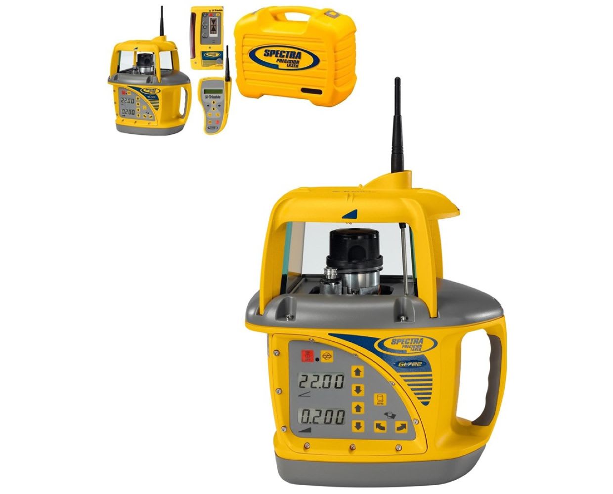 Nivelador láser de doble grado Spectra Precision GL722 con receptor CR600, control remoto de radio de largo alcance RC703, baterías recargables NiMH, cargador y estuche de almacenamiento 369549-NC.