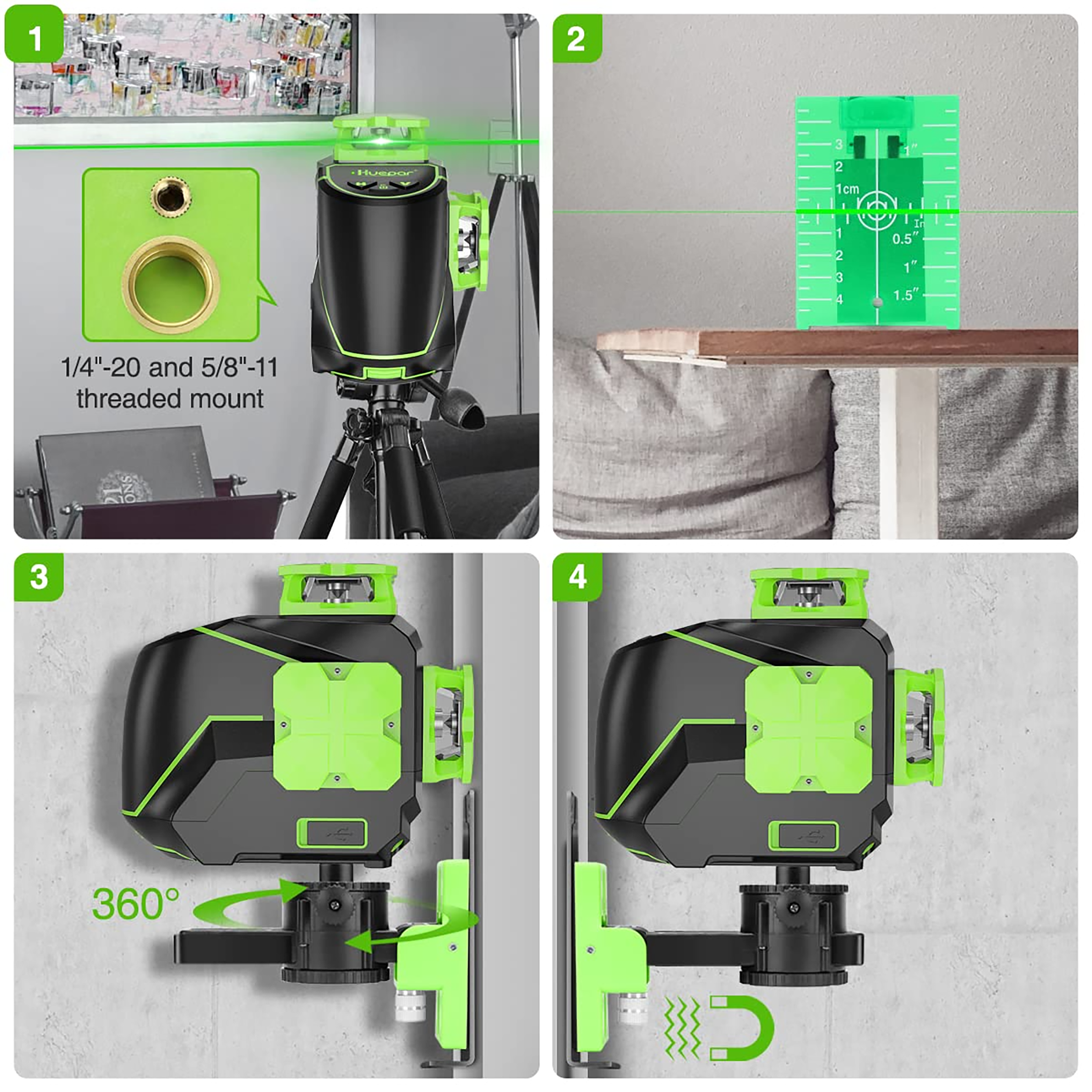 Nivel láser de línea cruzada autonivelante verde de 360 grados Huepar de 200 pies S03CG-L