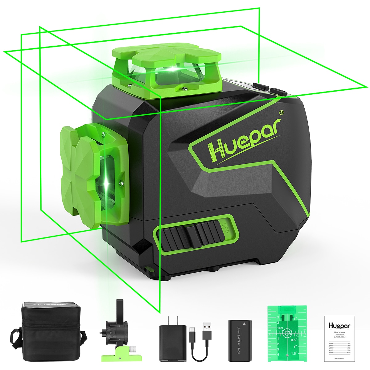 Nivel láser de línea cruzada autonivelante verde de 360 grados Huepar de 200 pies S03CG-L