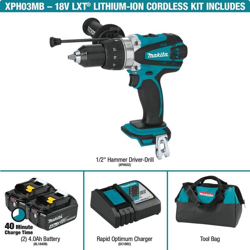 Kit Makita 18V LXT de taladro percutor inalámbrico de 1/2 pulgadas con baterías (4.0 Ah), cargador y bolsa - XPH03MB