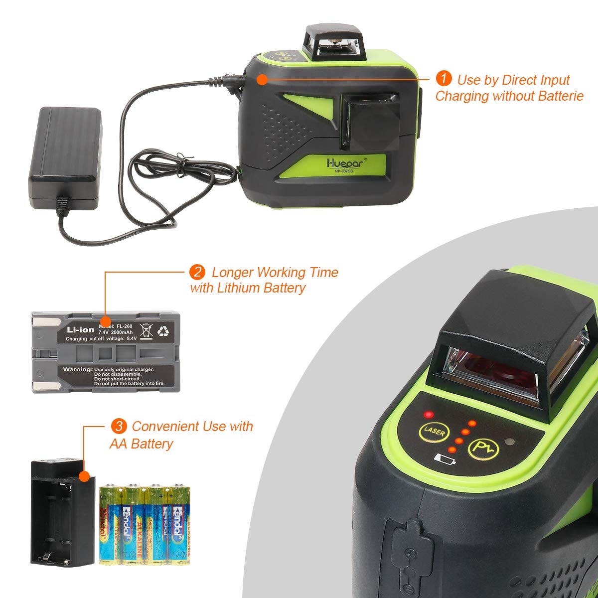 Nivel láser de líneas cruzadas autonivelante de 360 grados verde de Huepar con un alcance de 200 pies 602CG