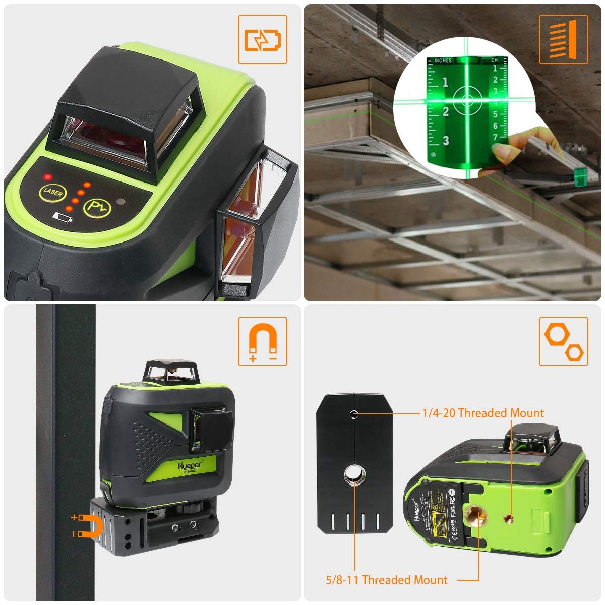 Nivel láser de líneas cruzadas autonivelante de 360 grados verde de Huepar con un alcance de 200 pies 602CG