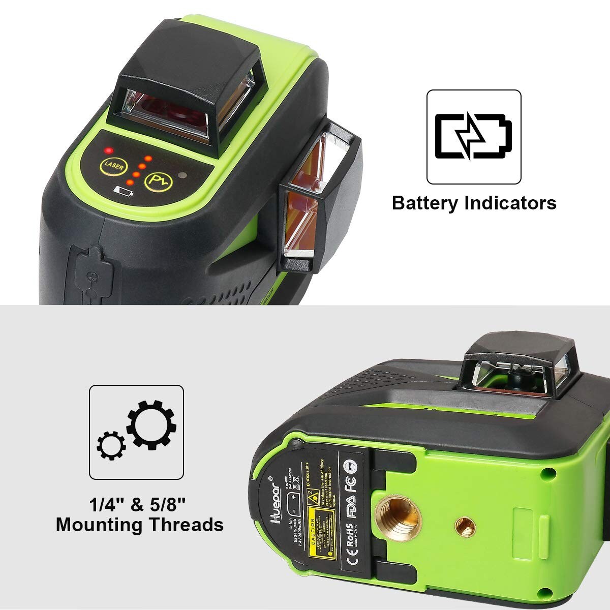Nivel láser de líneas cruzadas autonivelante de 360 grados verde de Huepar con un alcance de 200 pies 602CG