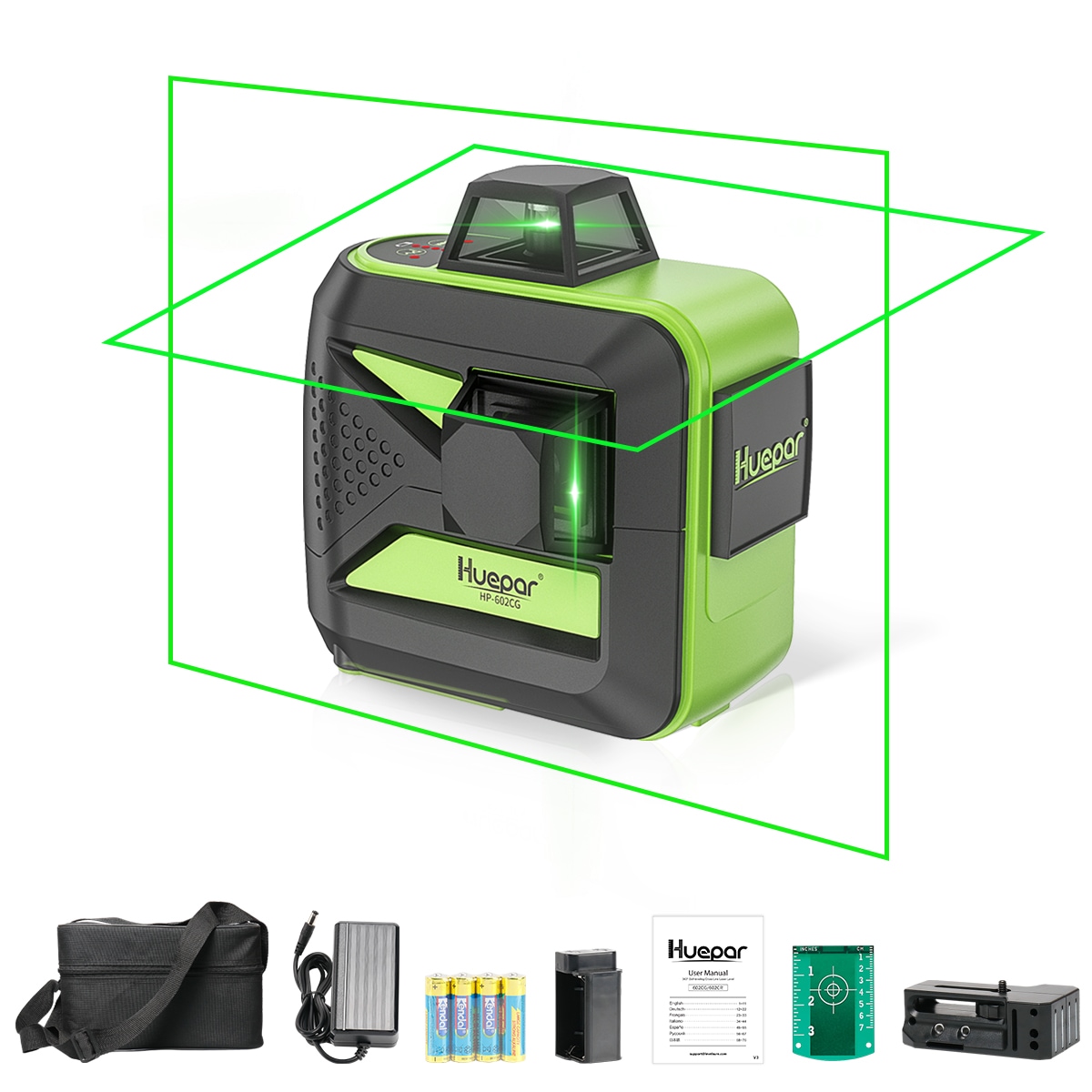 Nivel láser de líneas cruzadas autonivelante de 360 grados verde de Huepar con un alcance de 200 pies 602CG