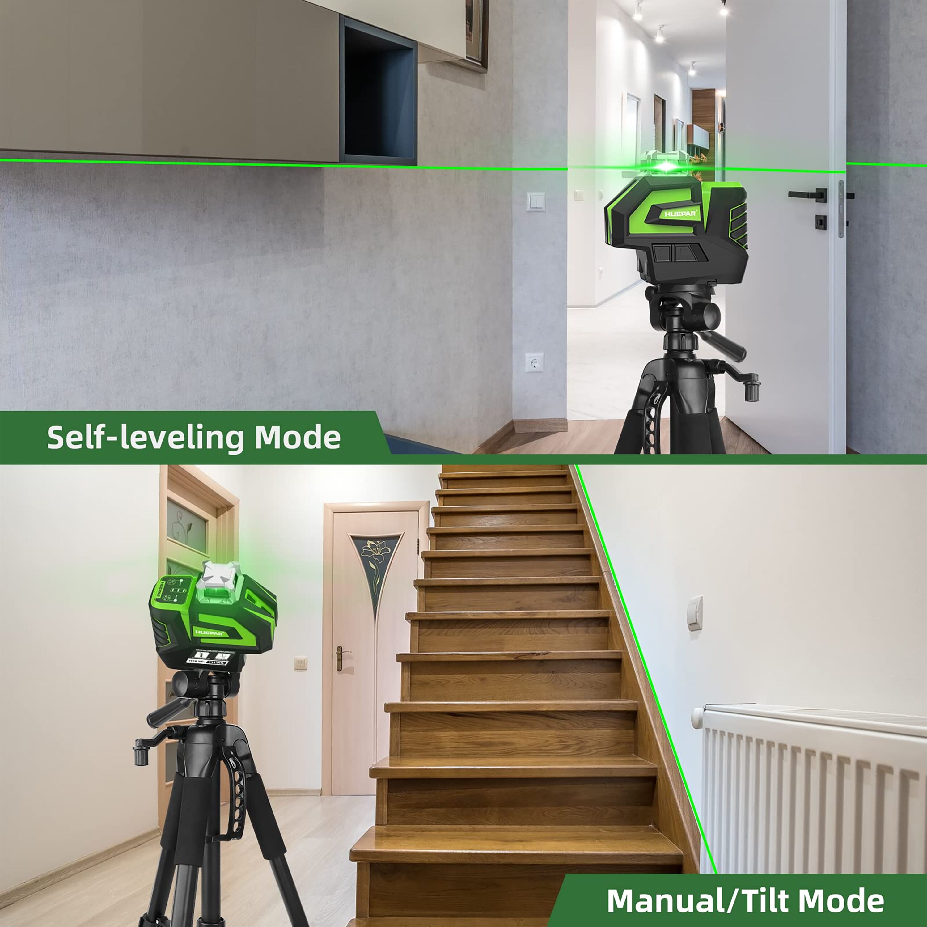 Nivel láser de líneas cruzadas/plano horizontal autonivelante de 360 grados verde Huepar 7211CG de 197 pies.