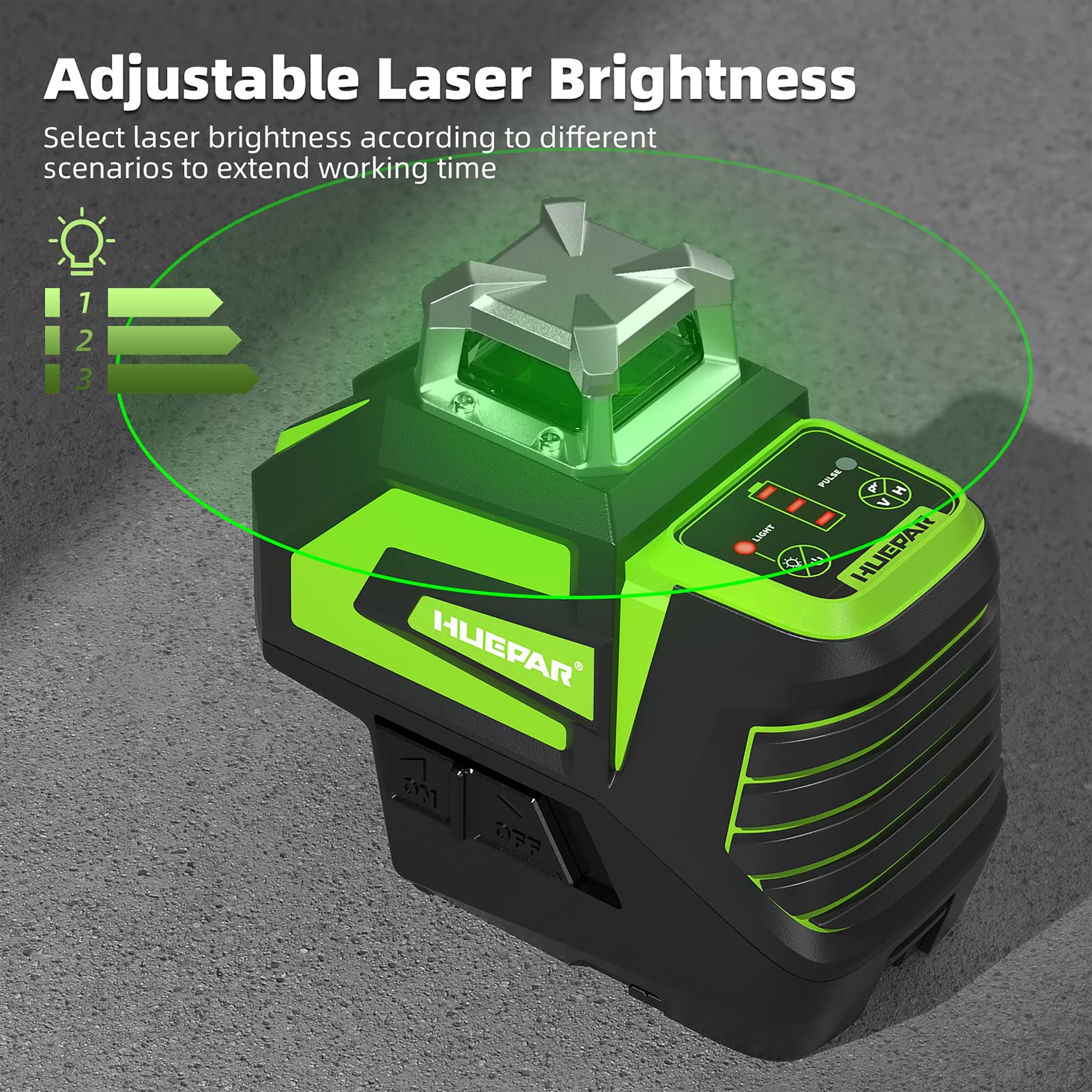 Nivel láser de líneas cruzadas/plano horizontal autonivelante de 360 grados verde Huepar 7211CG de 197 pies.