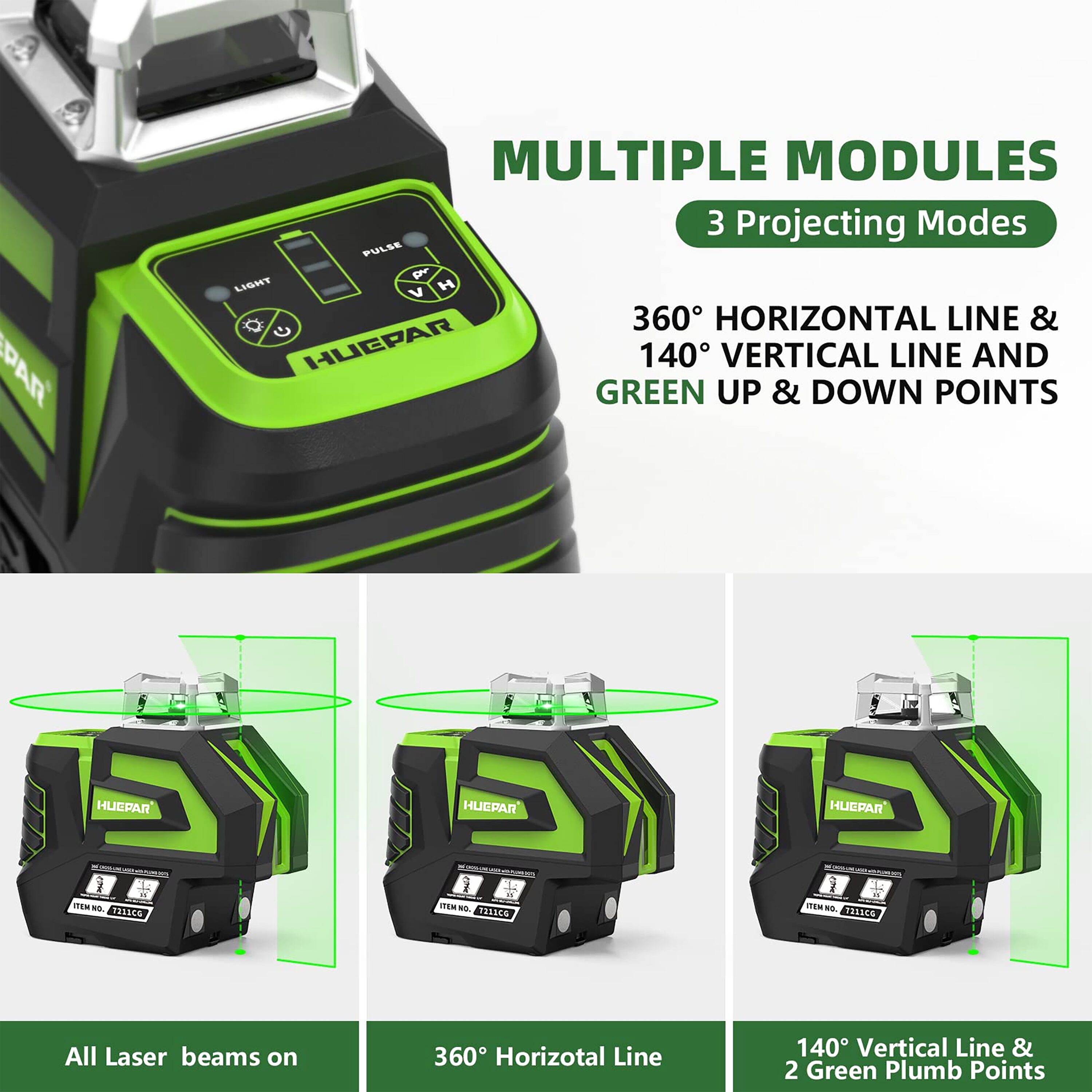 Nivel láser de líneas cruzadas/plano horizontal autonivelante de 360 grados verde Huepar 7211CG de 197 pies.
