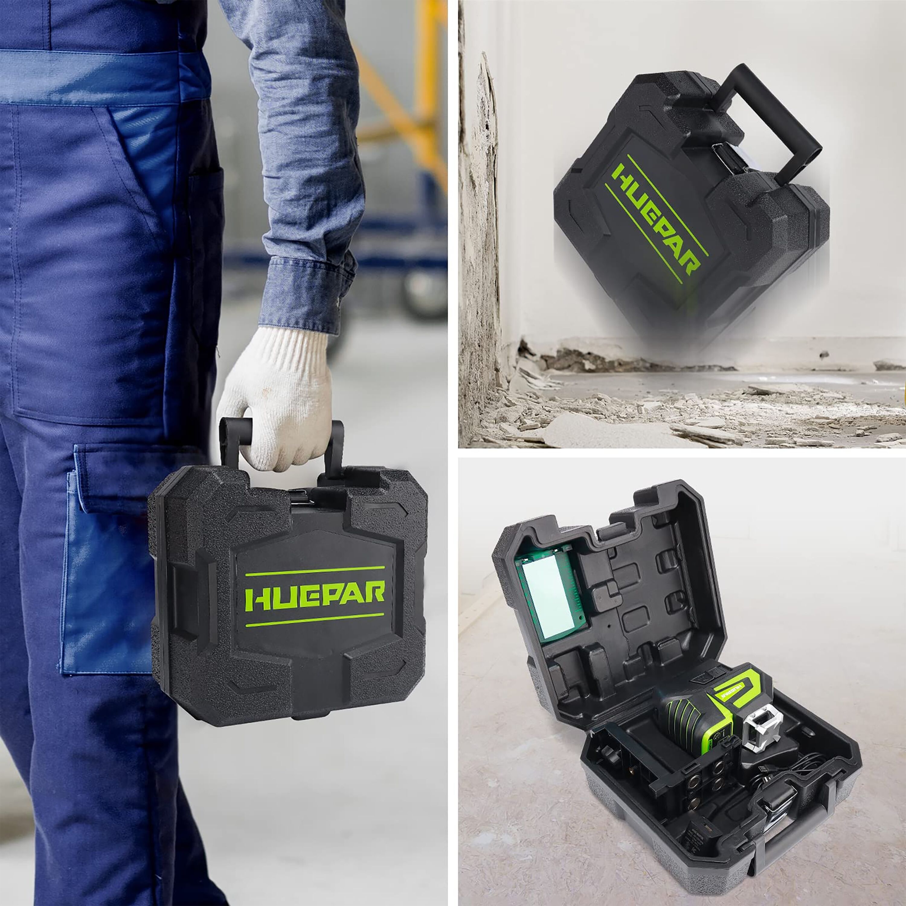 Nivel láser de líneas cruzadas/plano horizontal autonivelante de 360 grados verde Huepar 7211CG de 197 pies.