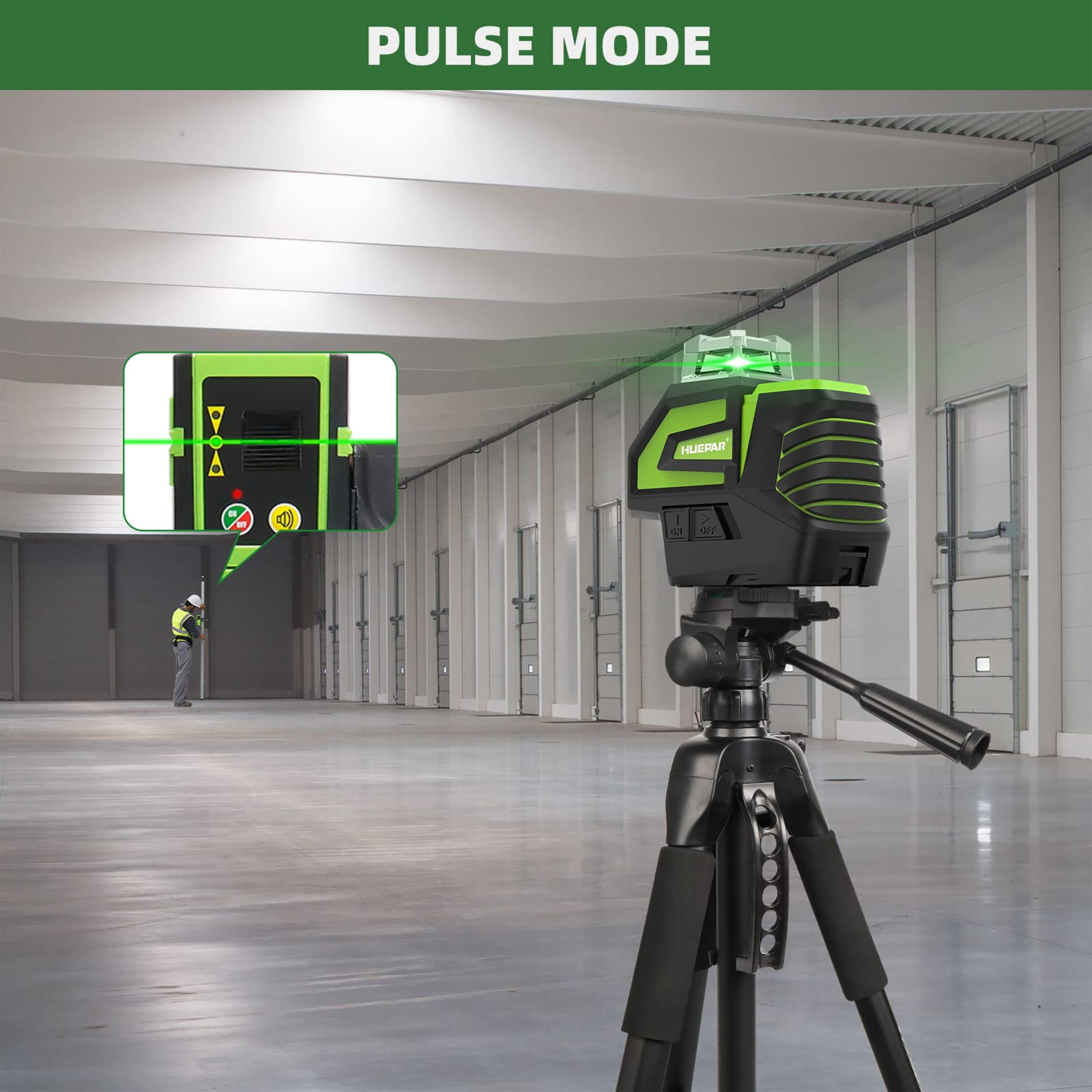 Nivel láser de líneas cruzadas/plano horizontal autonivelante de 360 grados verde Huepar 7211CG de 197 pies.