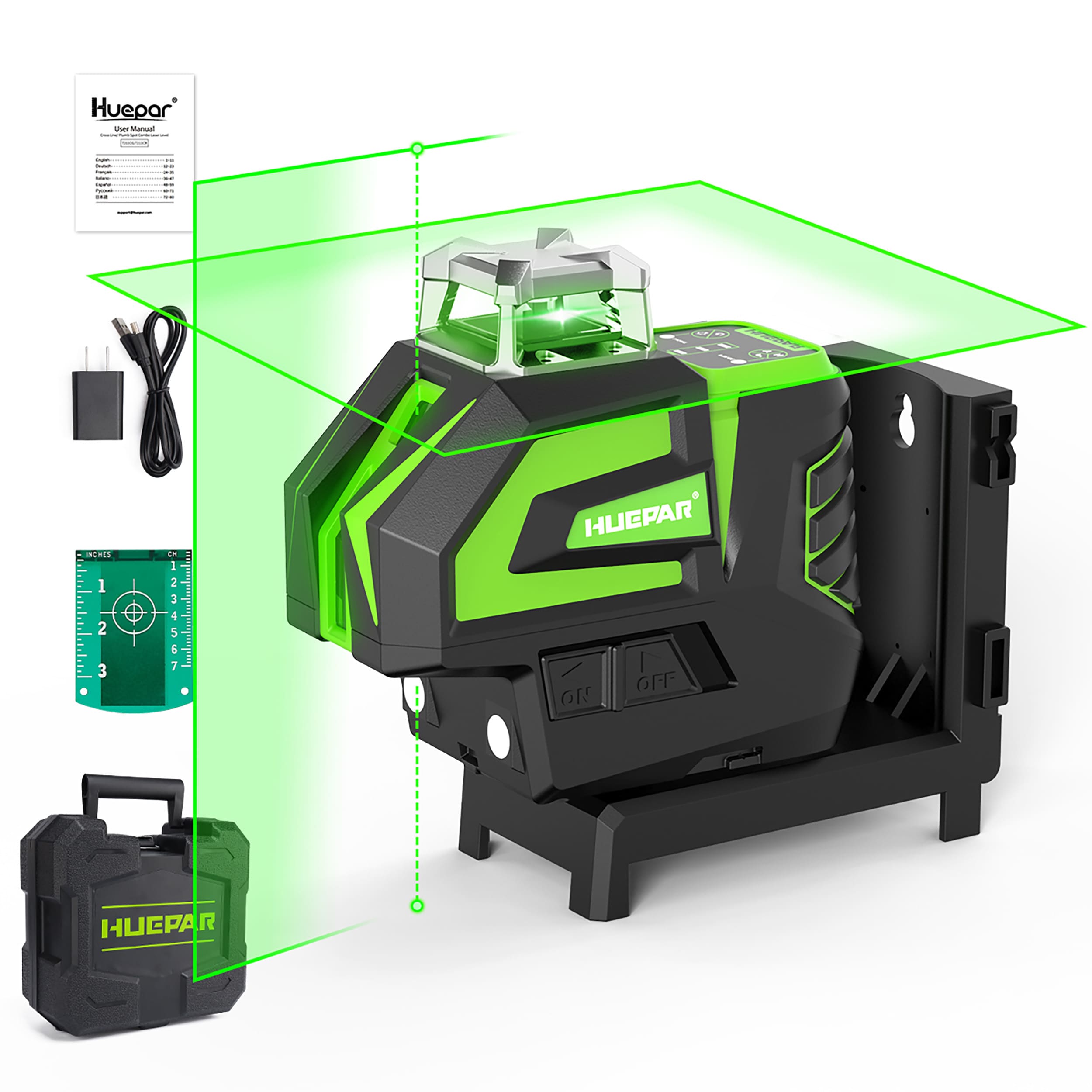 Nivel láser de líneas cruzadas/plano horizontal autonivelante de 360 grados verde Huepar 7211CG de 197 pies.