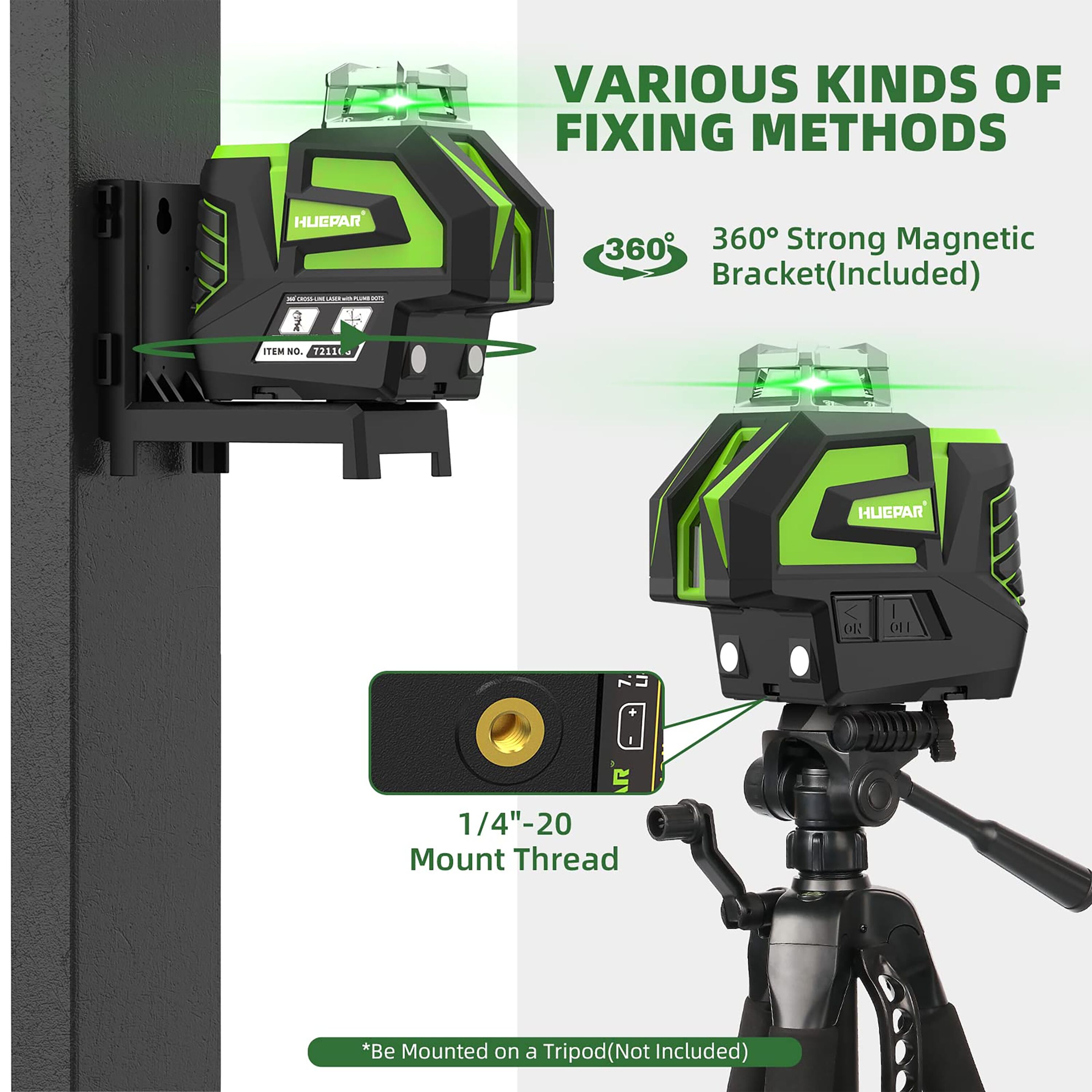 Nivel láser de líneas cruzadas/plano horizontal autonivelante de 360 grados verde Huepar 7211CG de 197 pies.