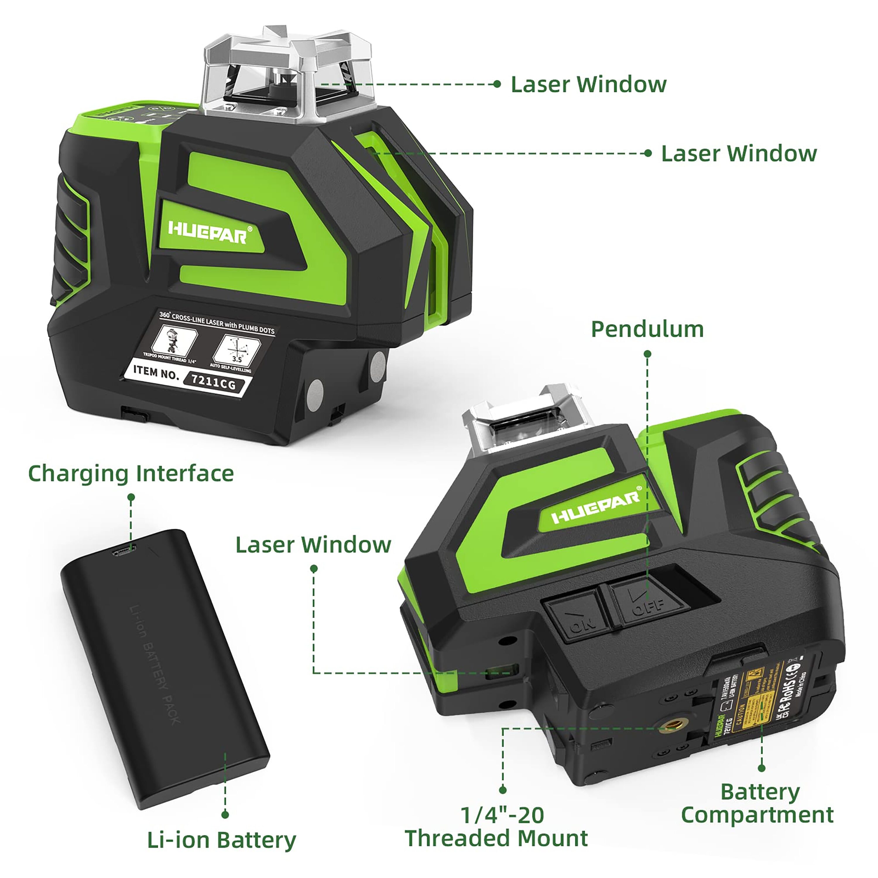 Nivel láser de líneas cruzadas/plano horizontal autonivelante de 360 grados verde Huepar 7211CG de 197 pies.