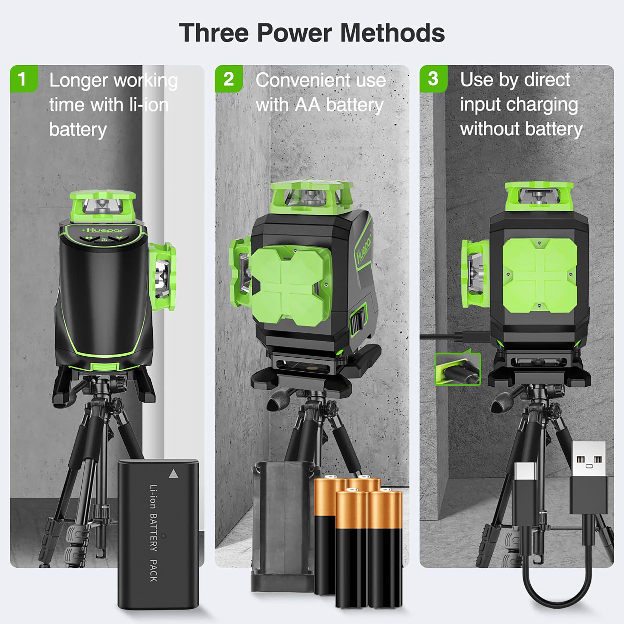 Nivel láser de líneas cruzadas autonivelante verde de 360 grados Huepar S04CG-L de 200 pies.