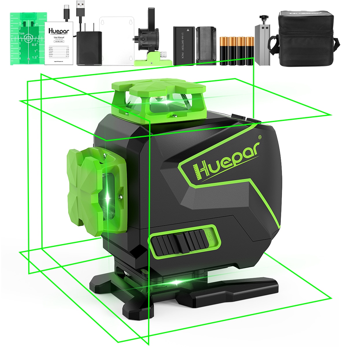 Nivel láser de líneas cruzadas autonivelante verde de 360 grados Huepar S04CG-L de 200 pies.