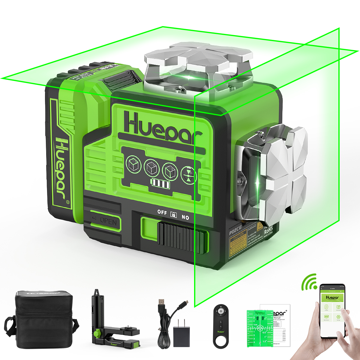 Nivel láser de líneas cruzadas autonivelante verde de 360 grados Huepar P02CG - 200 pies
