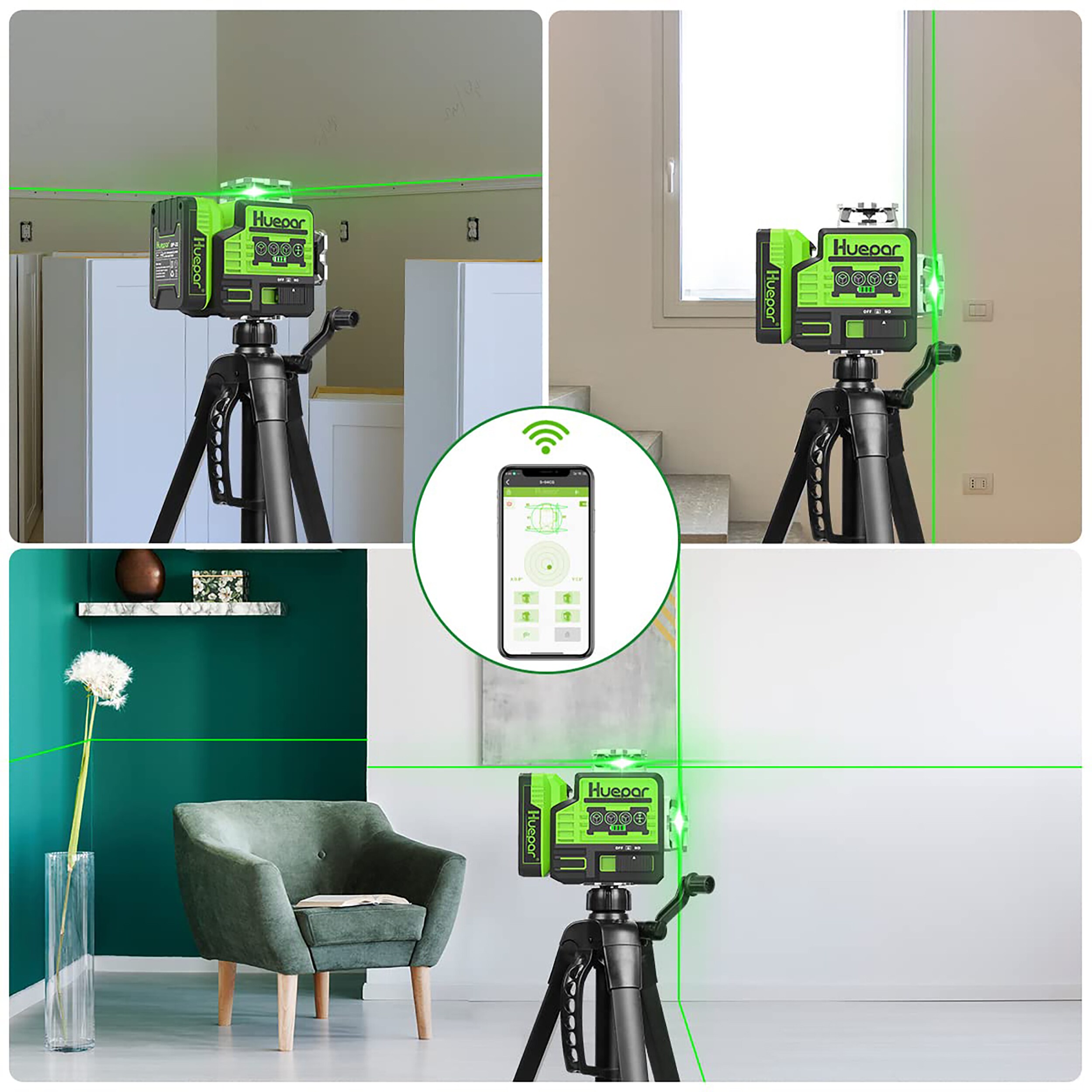 Nivel láser de líneas cruzadas autonivelante verde de 360 grados Huepar P02CG - 200 pies