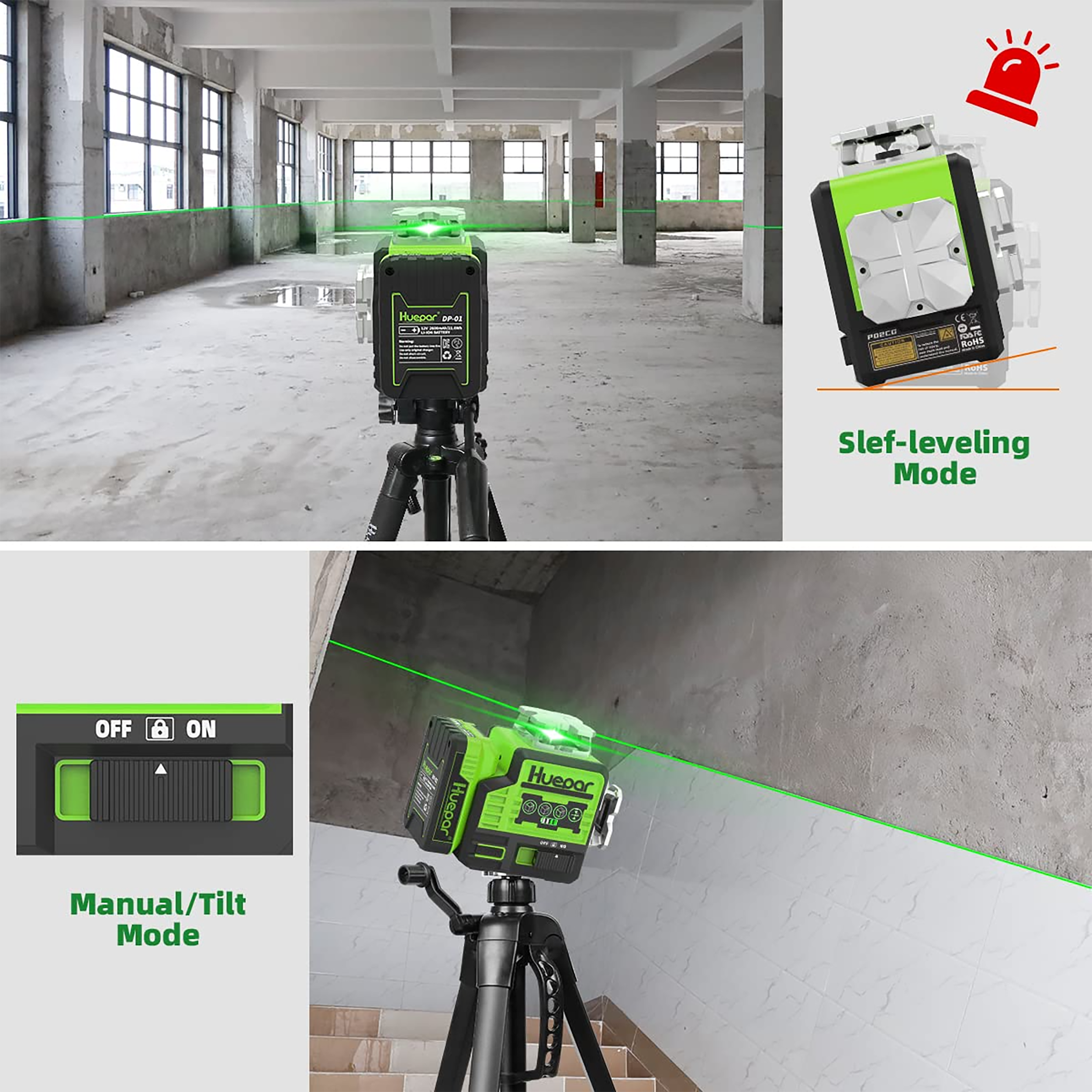 Nivel láser de líneas cruzadas autonivelante verde de 360 grados Huepar P02CG - 200 pies