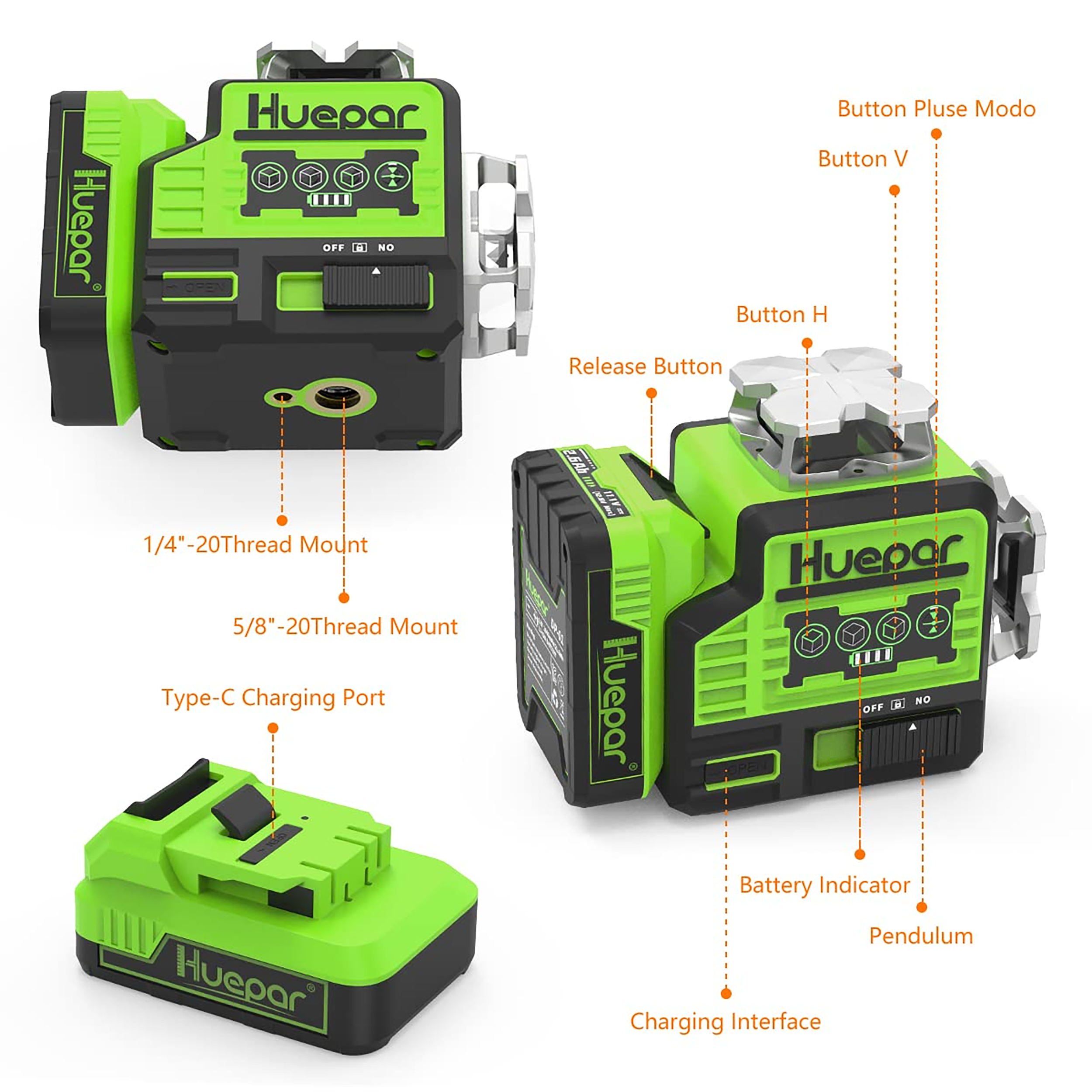Nivel láser de líneas cruzadas autonivelante verde de 360 grados Huepar P02CG - 200 pies