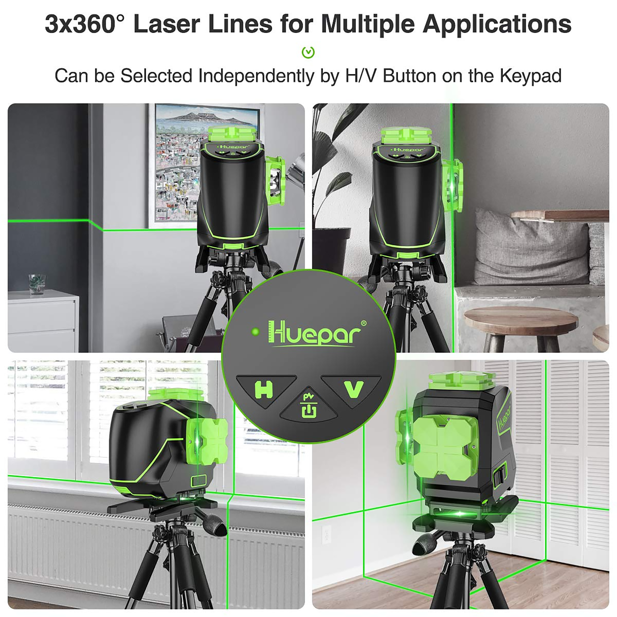 Nivel láser de línea cruzada autonivelante de 360 grados verde de 200 pies Huepar S03DG-L