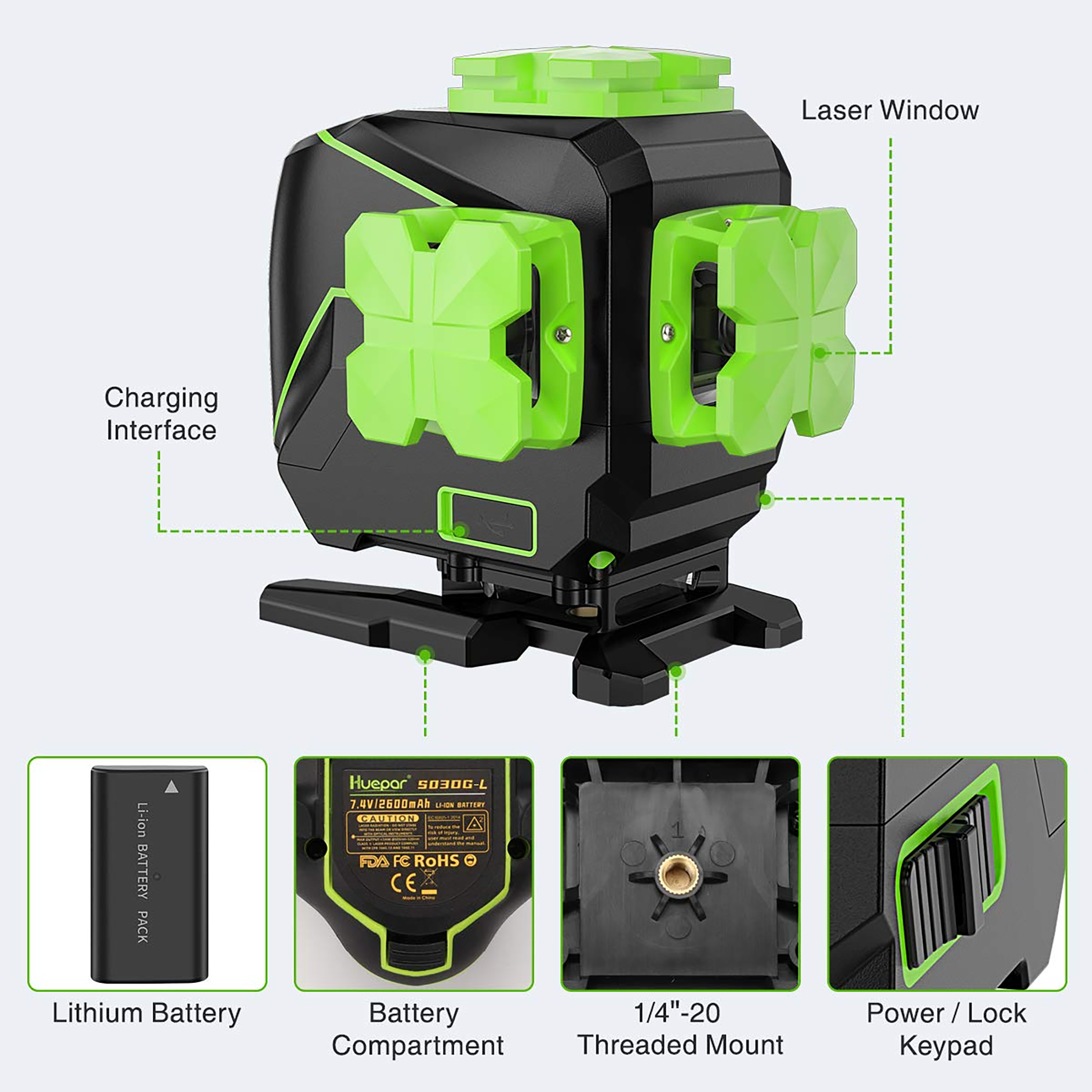 Nivel láser de línea cruzada autonivelante de 360 grados verde de 200 pies Huepar S03DG-L