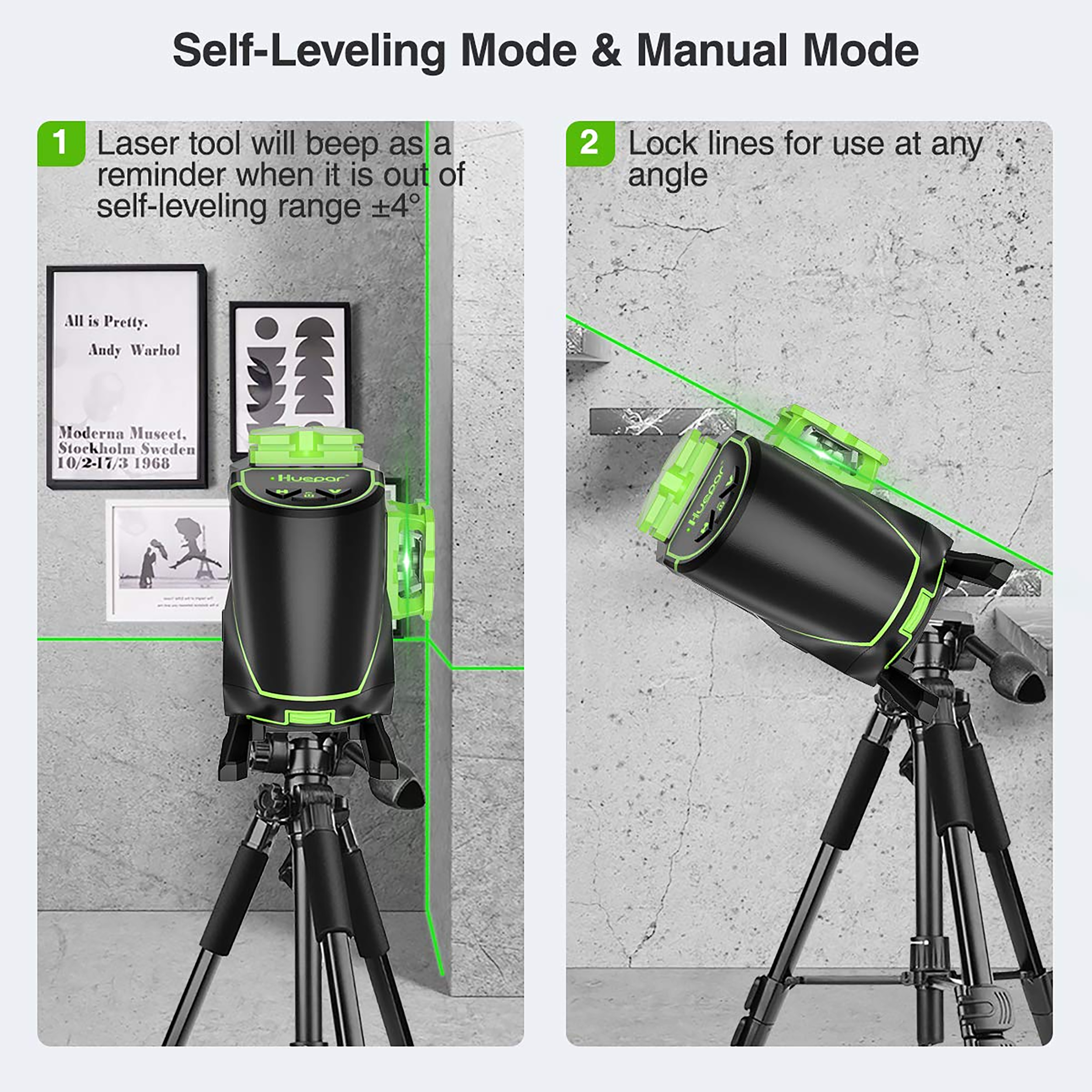 Nivel láser de línea cruzada autonivelante de 360 grados verde de 200 pies Huepar S03DG-L